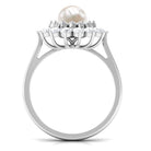 Round Freshwater Pearl Engagement Ring with Moissanite Double Halo Freshwater Pearl - ( AAA ) - Quality - Rosec Jewels