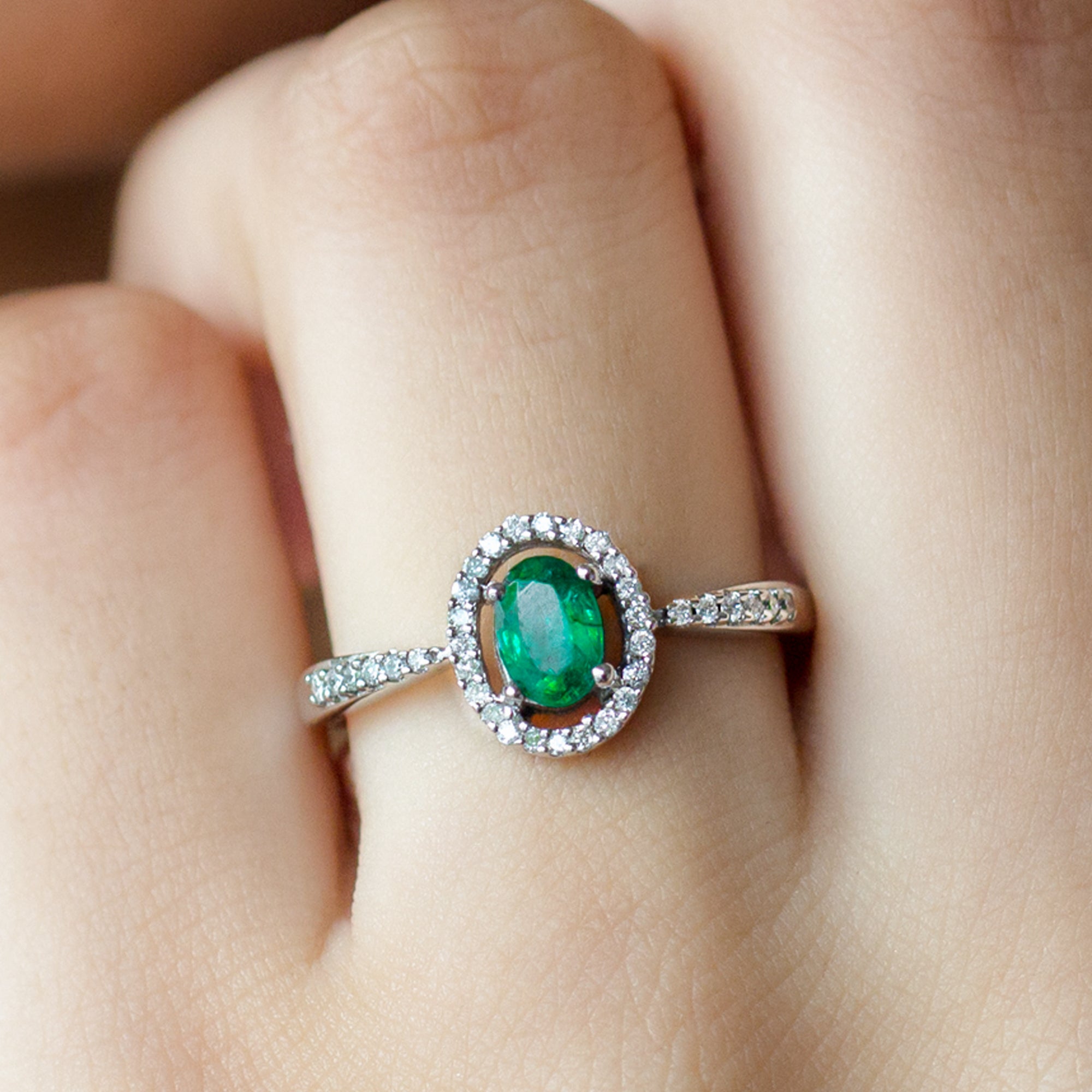 Oval shape Emerald and Diamond Halo Engagement Ring Emerald - ( AAA ) - Quality - Rosec Jewels