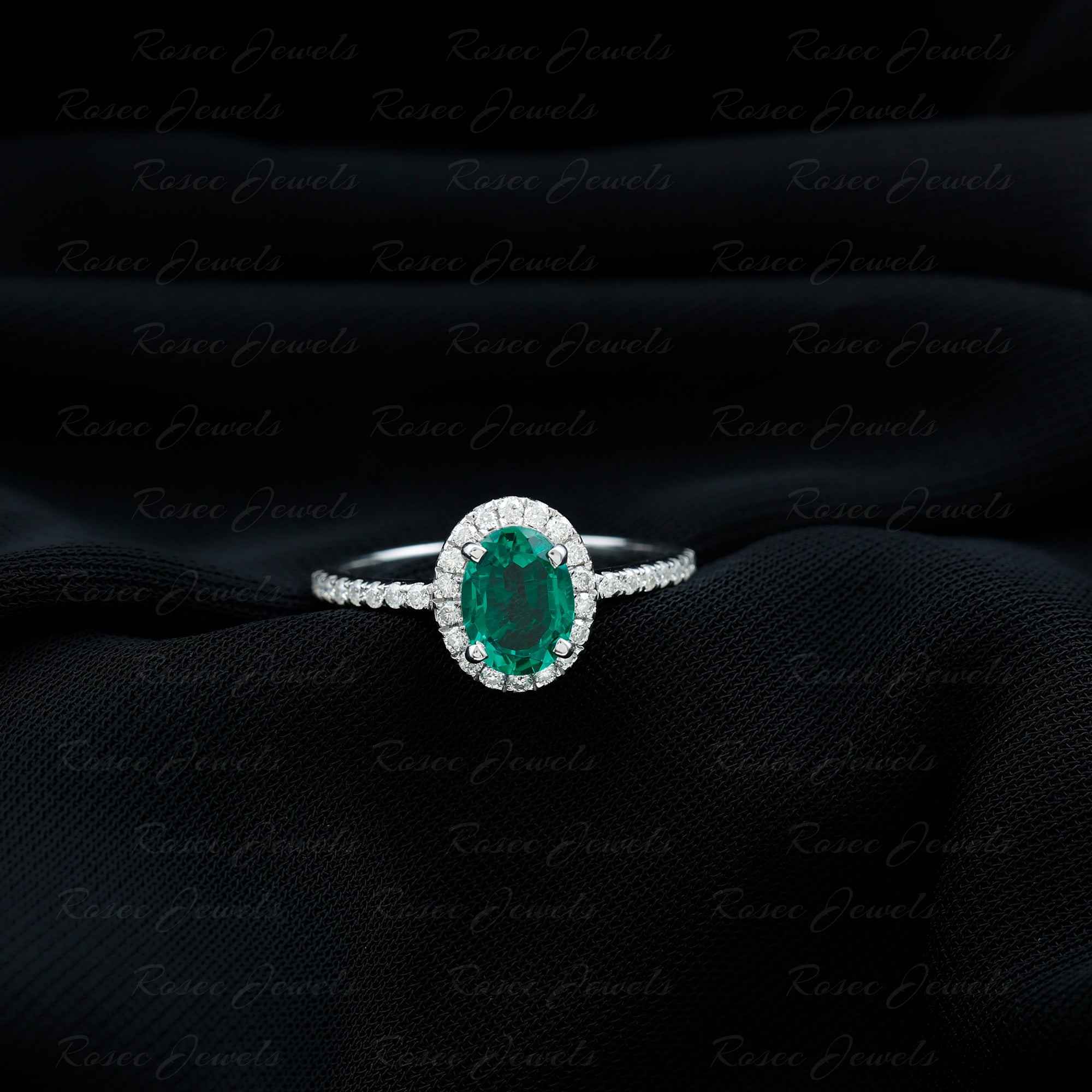 Created Emerald Classic Engagement Ring With Diamond Halo Lab Created Emerald - ( AAAA ) - Quality - Rosec Jewels