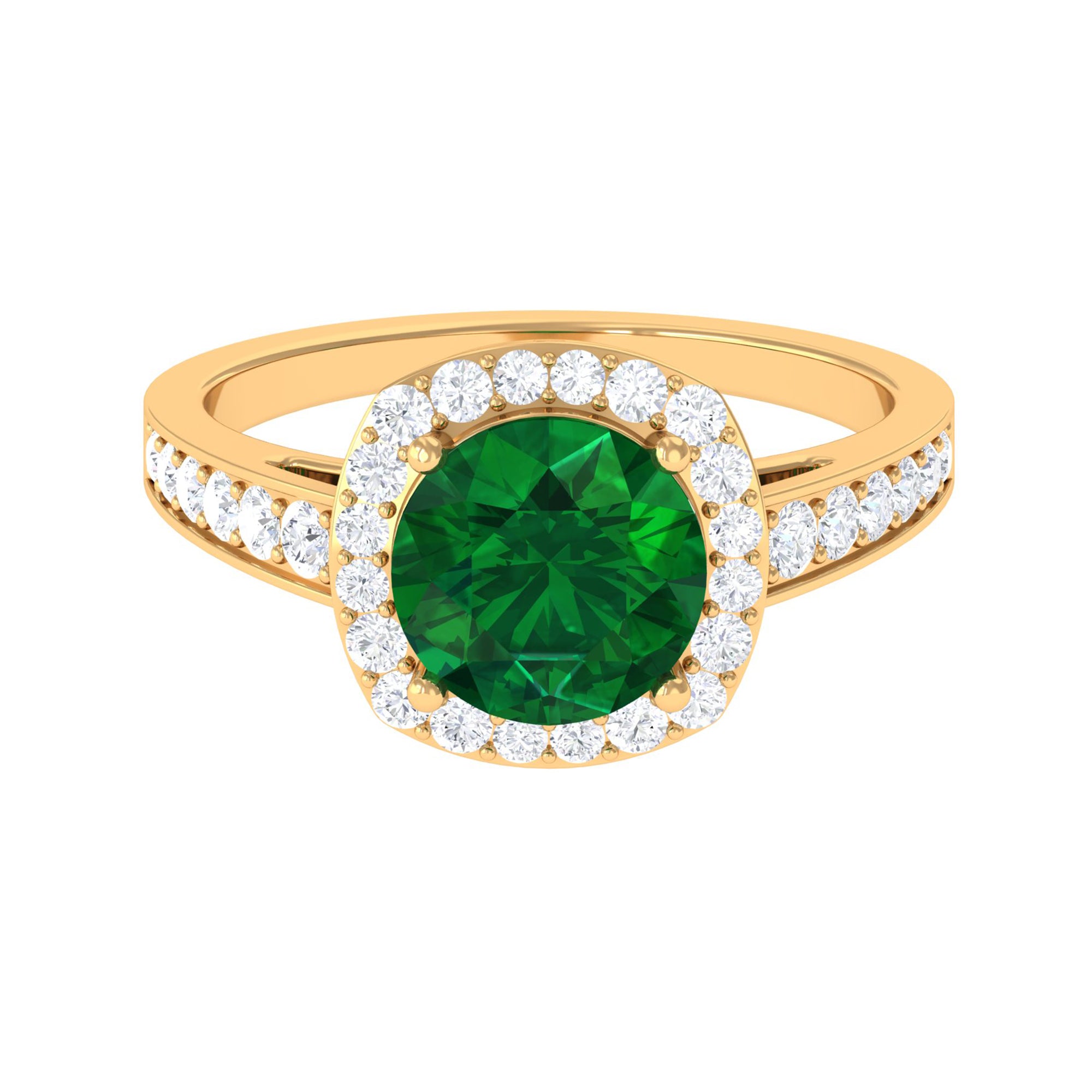 Round Shape Created Emerald Classic Halo Engagement Ring with Diamond Lab Created Emerald - ( AAAA ) - Quality - Rosec Jewels