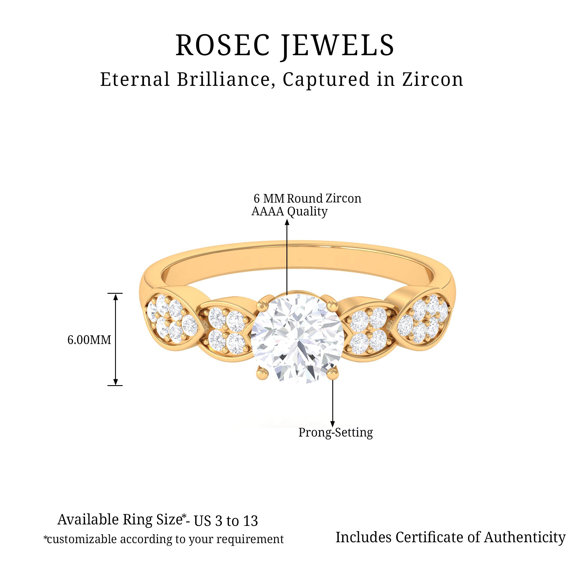 1.50 CT Classic Round Zircon Solitaire Engagement Ring in Gold Zircon - ( AAAA ) - Quality - Rosec Jewels