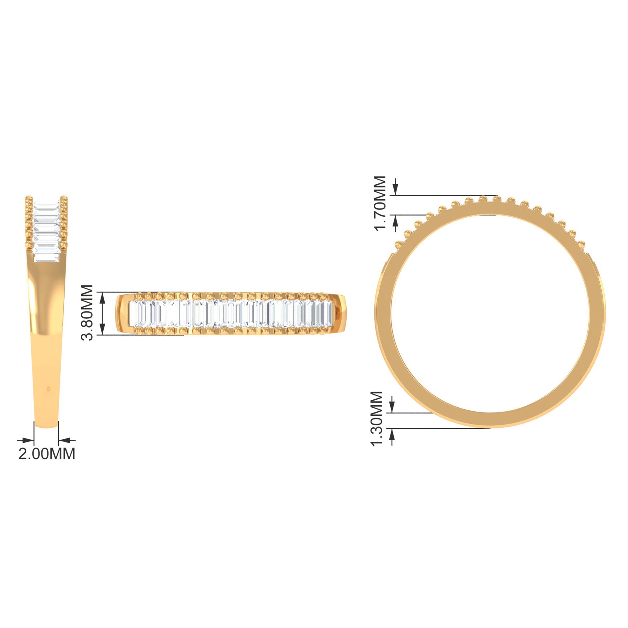 Baguette Cut Zircon Minimal Half Eternity Ring with Gold Beaded Zircon - ( AAAA ) - Quality - Rosec Jewels