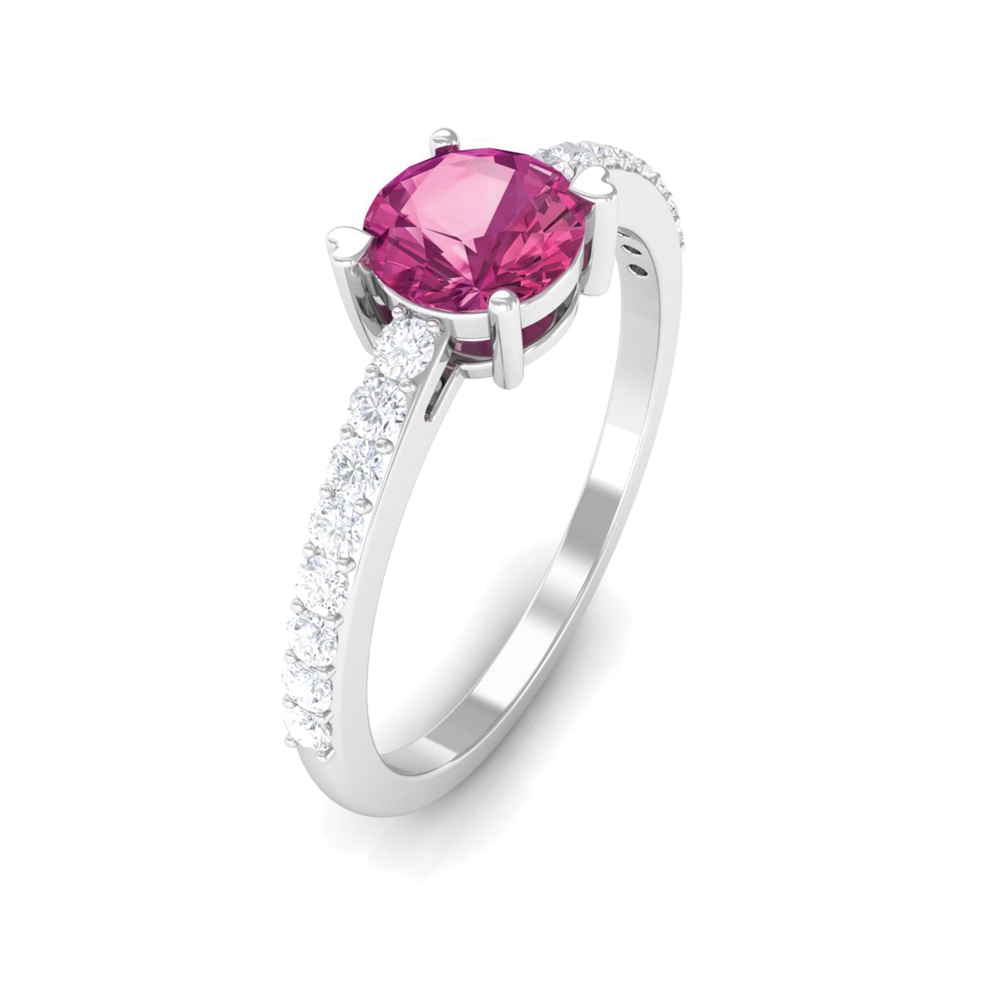 1 CT Real Pink Tourmaline Solitaire Promise Ring with Diamond Side Stones Pink Tourmaline - ( AAA ) - Quality - Rosec Jewels