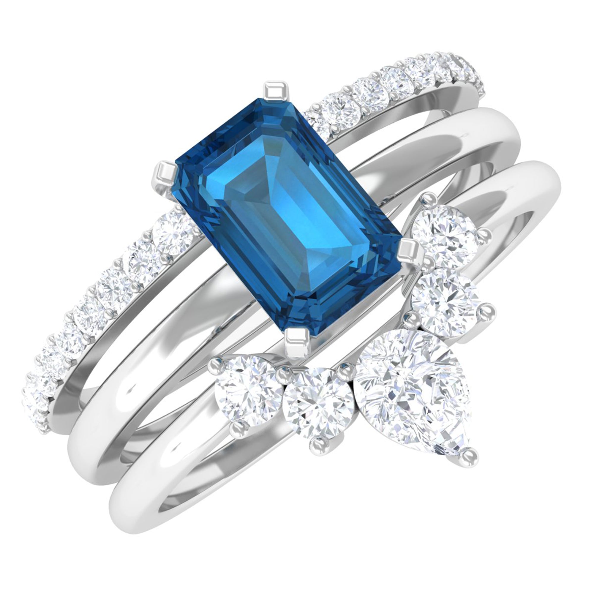 Octagon Cut London Blue Topaz Solitaire Ring Set with Diamond London Blue Topaz - ( AAA ) - Quality - Rosec Jewels