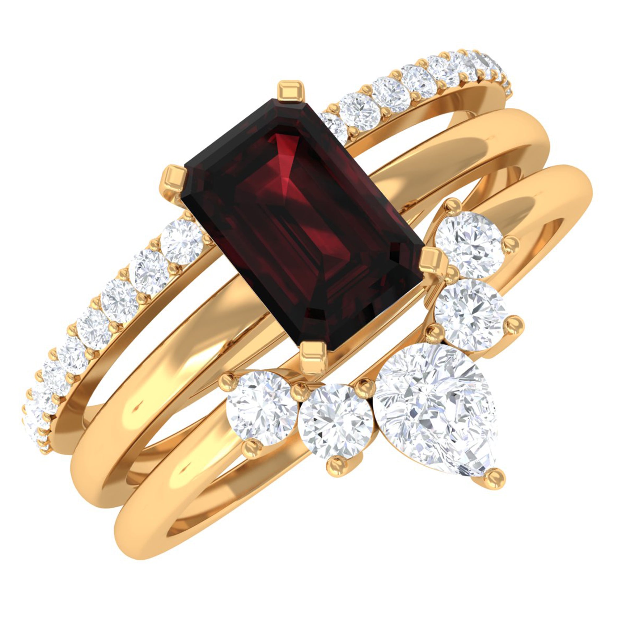 Octagon Garnet Solitaire Ring Set of 3 with Diamond Garnet - ( AAA ) - Quality - Rosec Jewels