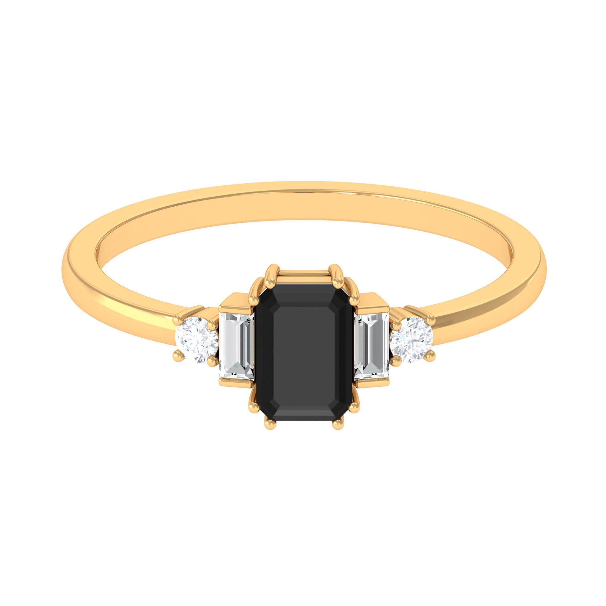 Octagon Black Onyx Solitaire Engagement Ring with Diamond Black Onyx - ( AAA ) - Quality - Rosec Jewels