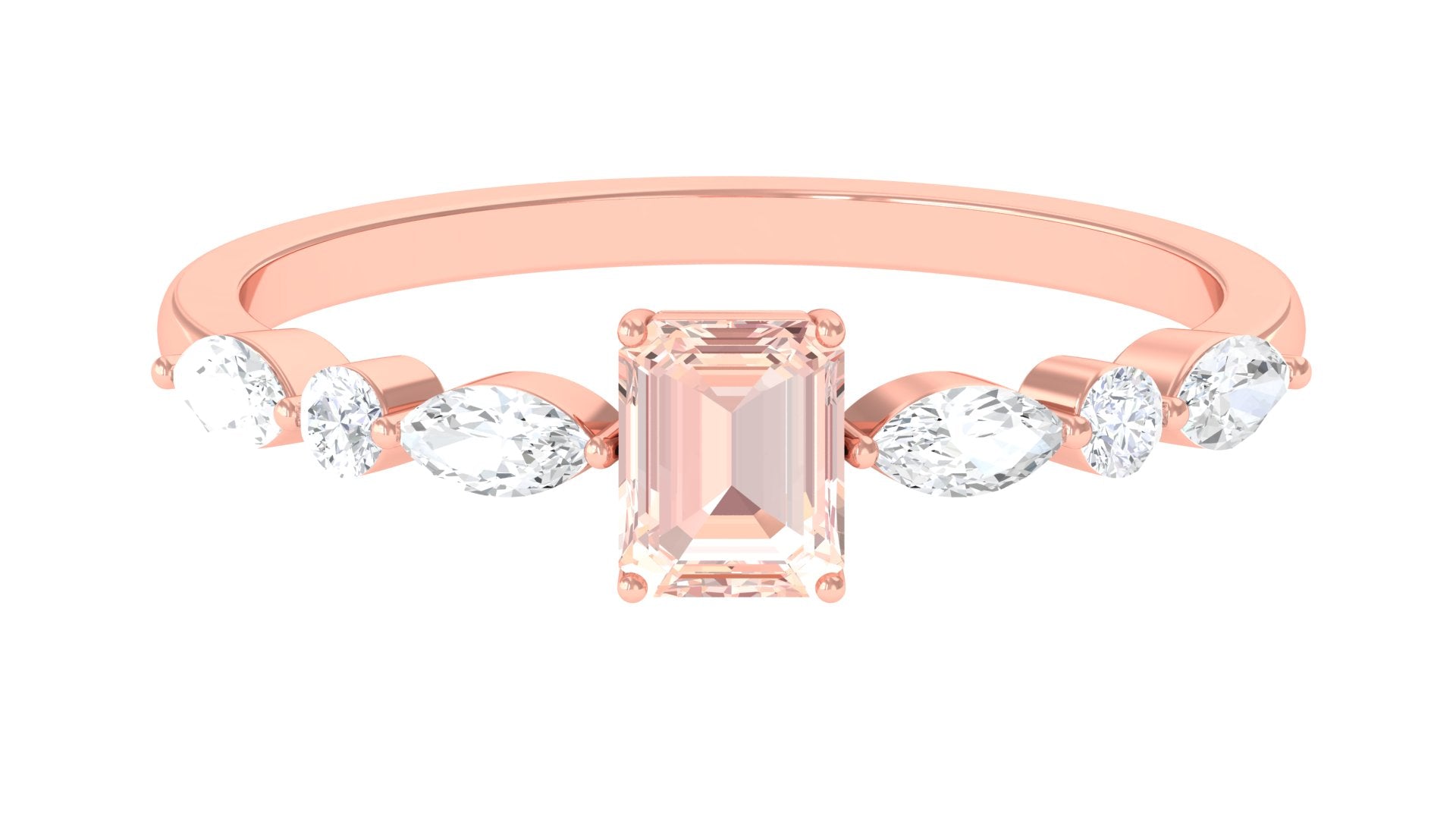 Emerald Cut Morganite Solitaire Ring with Diamond Side Stones Morganite - ( AAA ) - Quality - Rosec Jewels