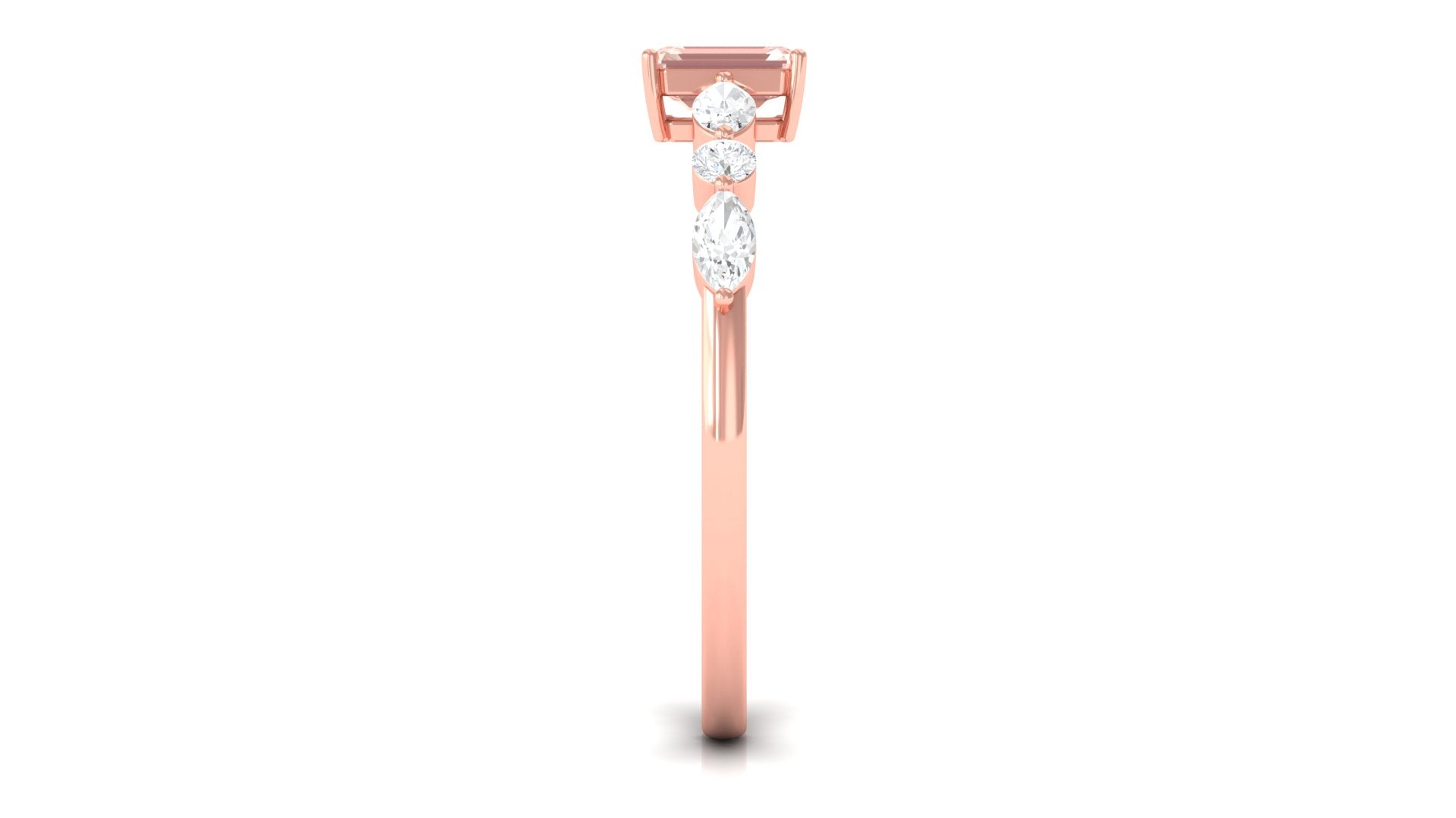 Emerald Cut Morganite Solitaire Ring with Diamond Side Stones Morganite - ( AAA ) - Quality - Rosec Jewels