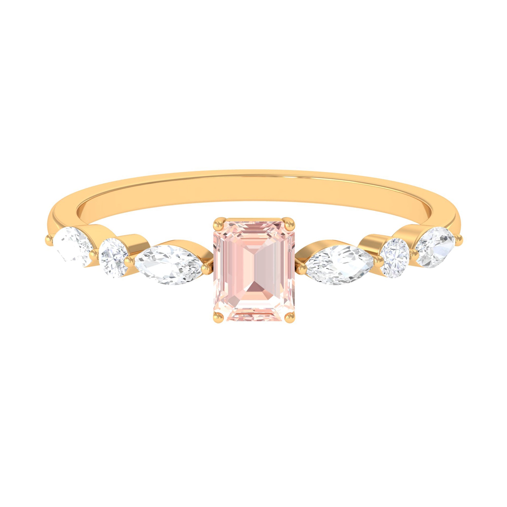 Emerald Cut Morganite Solitaire Ring with Diamond Side Stones Morganite - ( AAA ) - Quality - Rosec Jewels