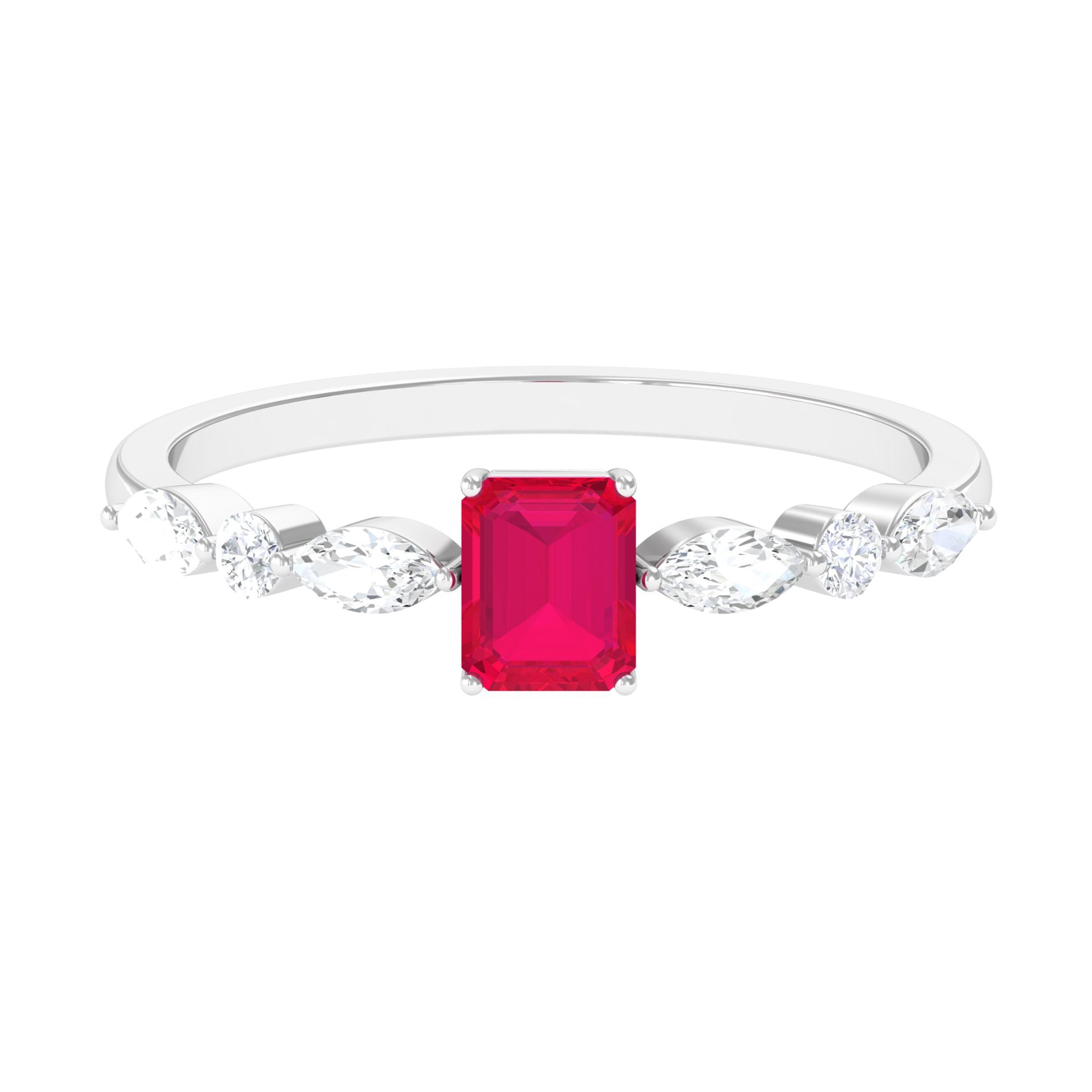 1 CT Octagon Ruby Solitaire Ring with Diamond Side Stones Ruby - ( AAA ) - Quality - Rosec Jewels