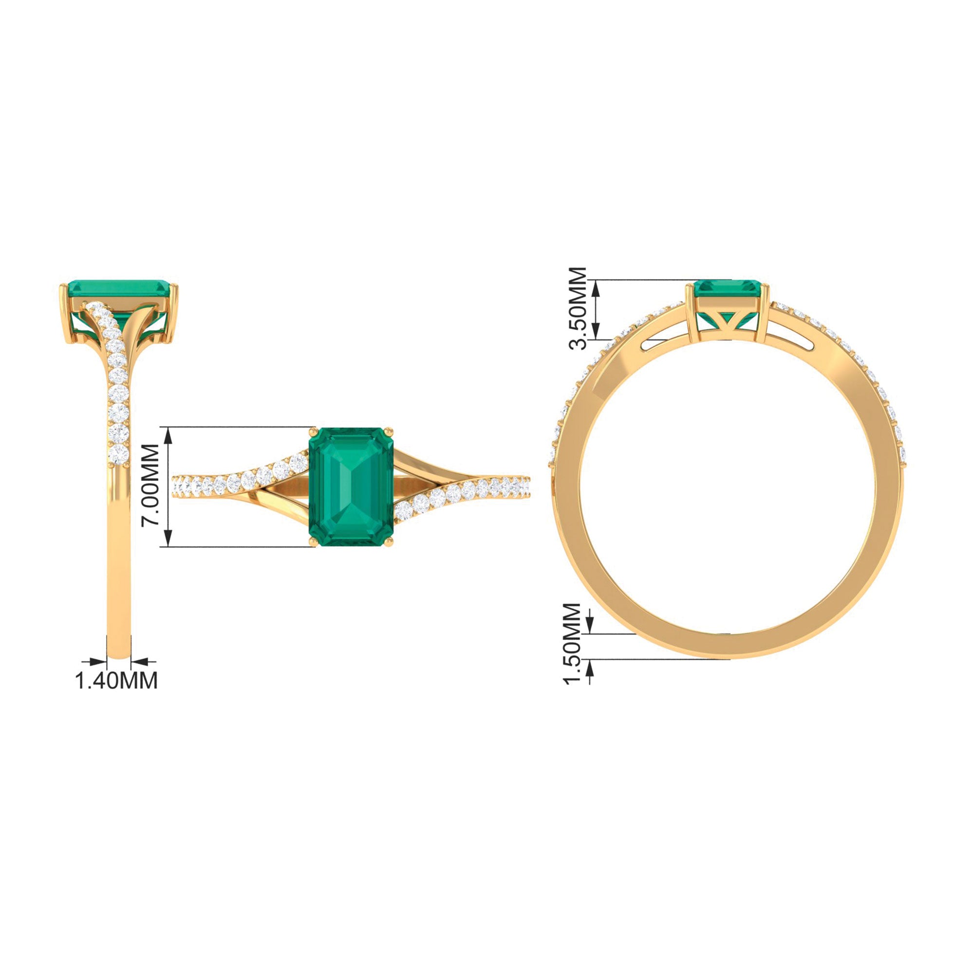 Octagon shape Emerald Solitaire Ring with Diamond Split Shank Emerald - ( AAA ) - Quality - Rosec Jewels