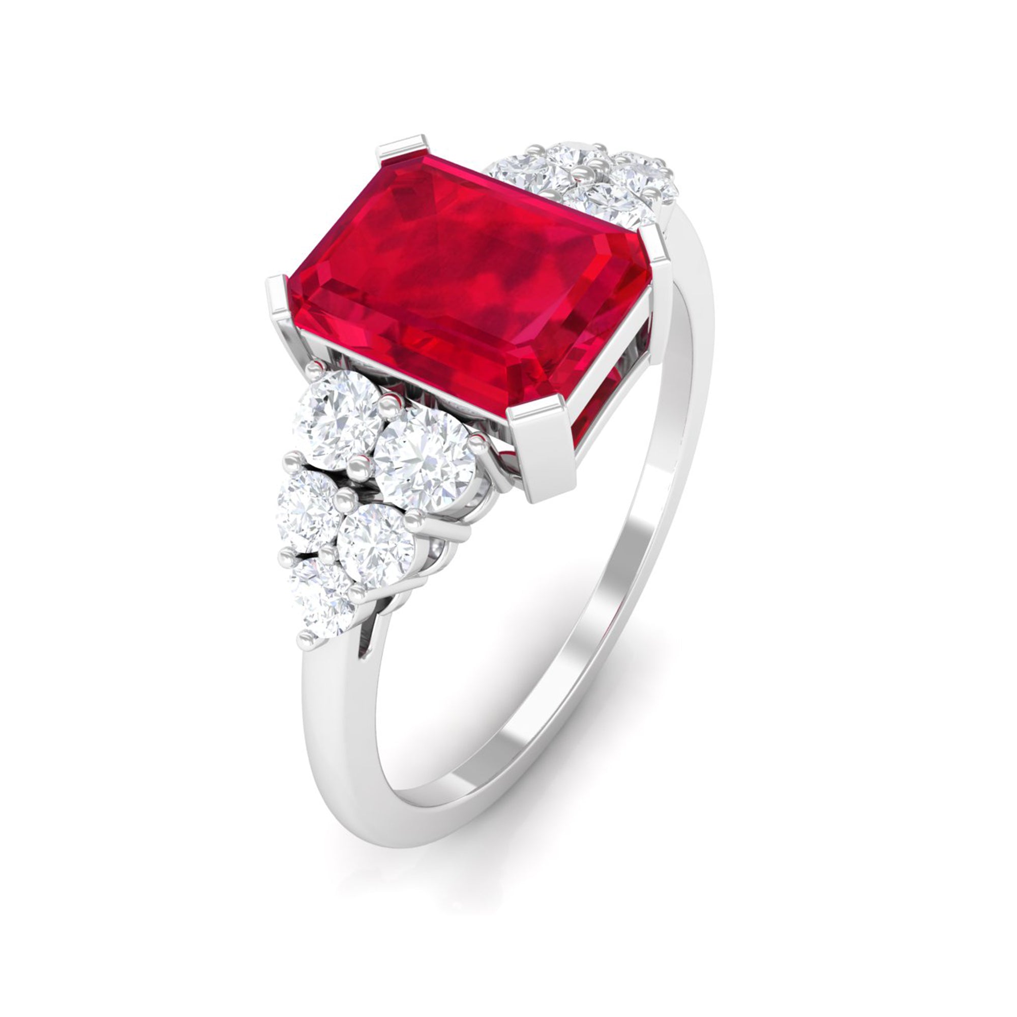 Emerald Cut Created Ruby and Diamond Designer Engagement Ring Lab Created Ruby - ( AAAA ) - Quality - Rosec Jewels