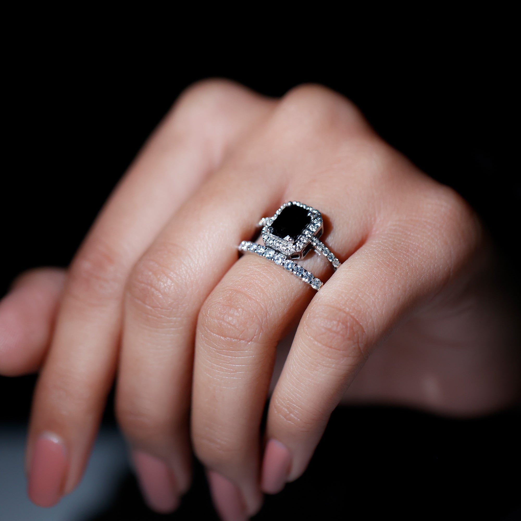 Real Black Onyx and Moissanite Stackable Ring Set Black Onyx - ( AAA ) - Quality - Rosec Jewels