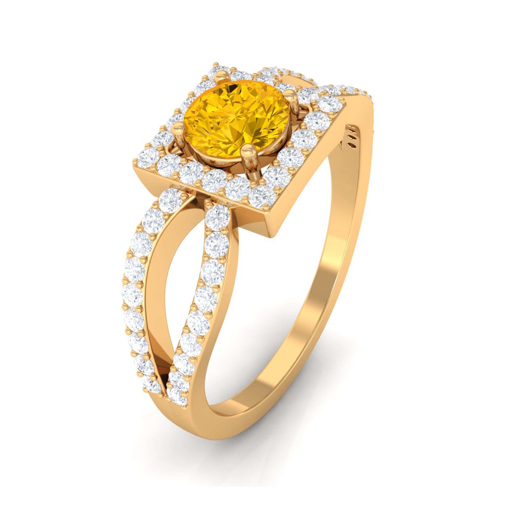 1.5 CT Split Shank Yellow Sapphire Engagement Ring with Diamond Accent Yellow Sapphire - ( AAA ) - Quality - Rosec Jewels