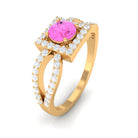 Round Pink Sapphire and Diamond Halo Ring in Split Shank Pink Sapphire - ( AAA ) - Quality - Rosec Jewels