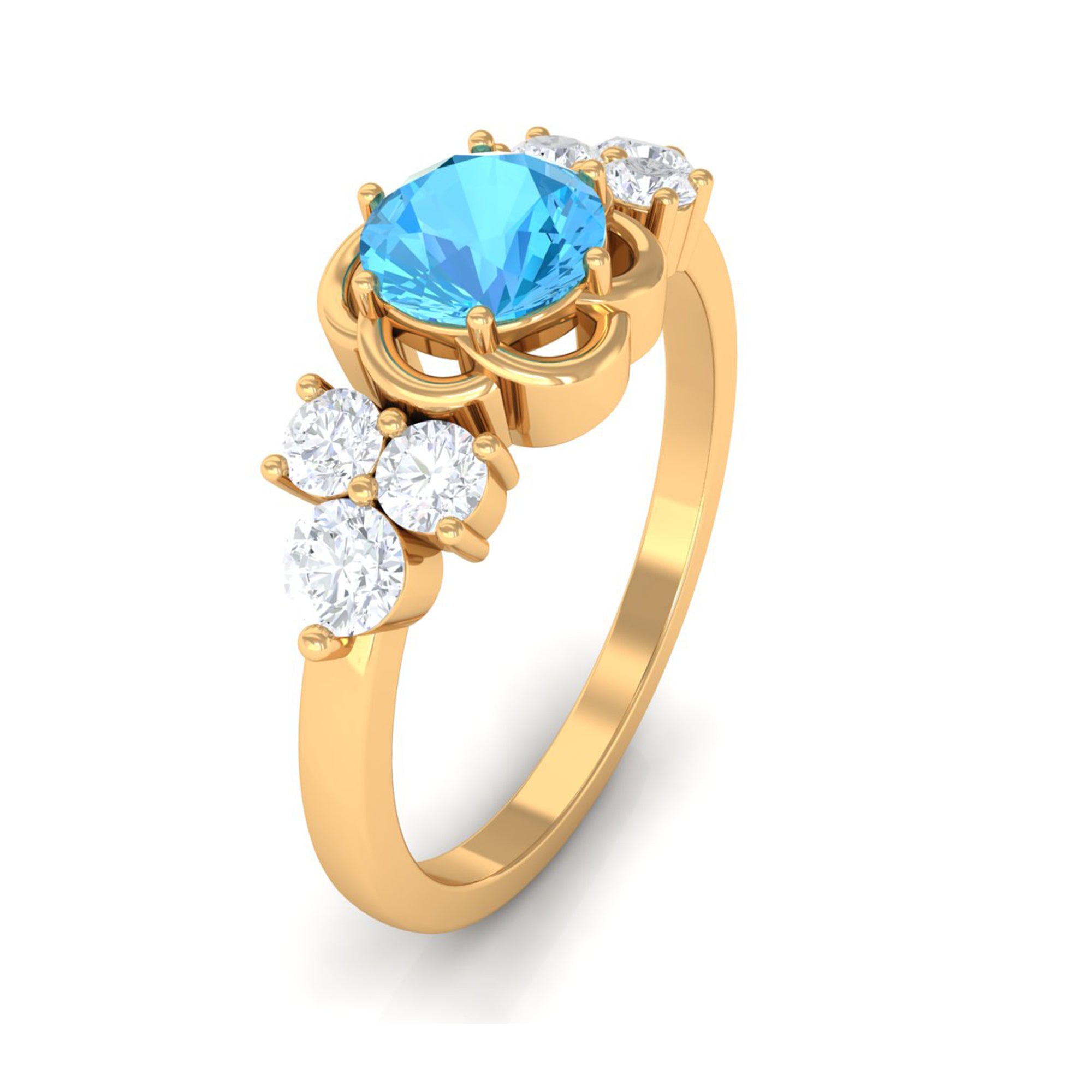 Round Shape Swiss Blue Topaz Floral Engagement Ring with Diamond Trio Swiss Blue Topaz - ( AAA ) - Quality - Rosec Jewels