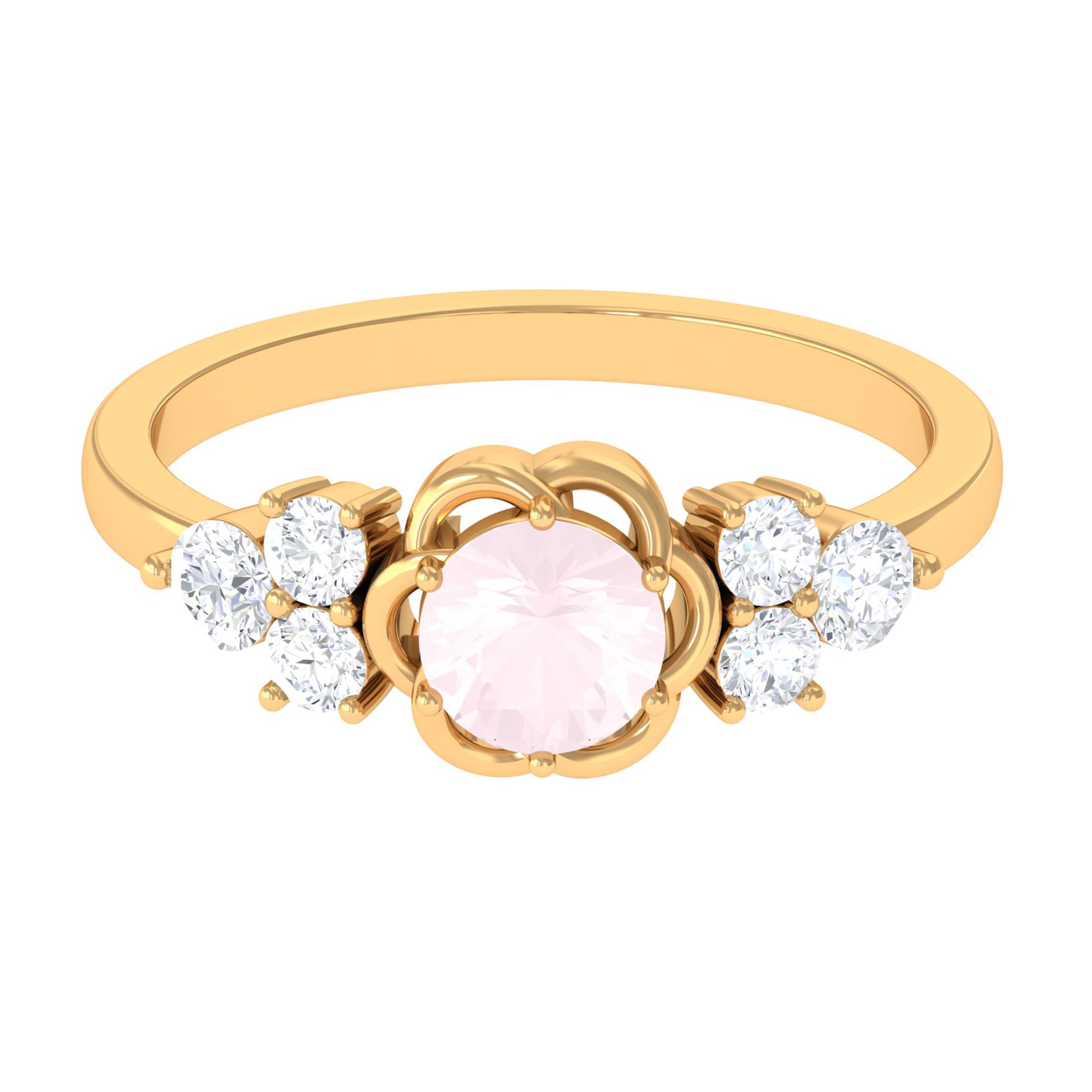 1 CT Round Shape Rose Quartz Floral Engagement Ring with Diamond Trio Rose Quartz - ( AAA ) - Quality - Rosec Jewels