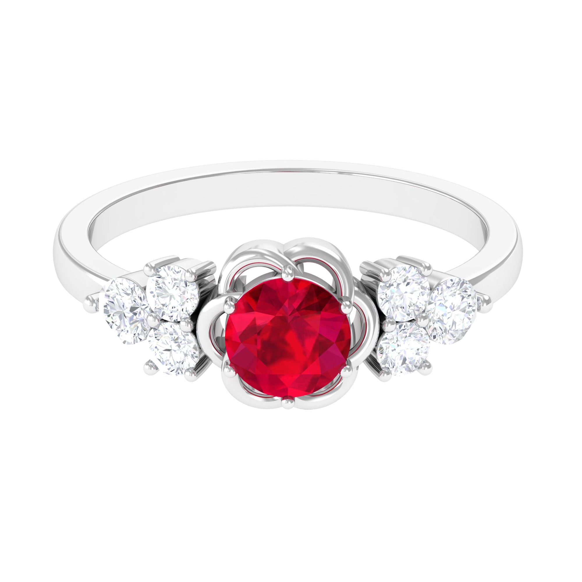 Lab Grown Ruby Flower Ring with Diamond Trio Lab Created Ruby - ( AAAA ) - Quality - Rosec Jewels