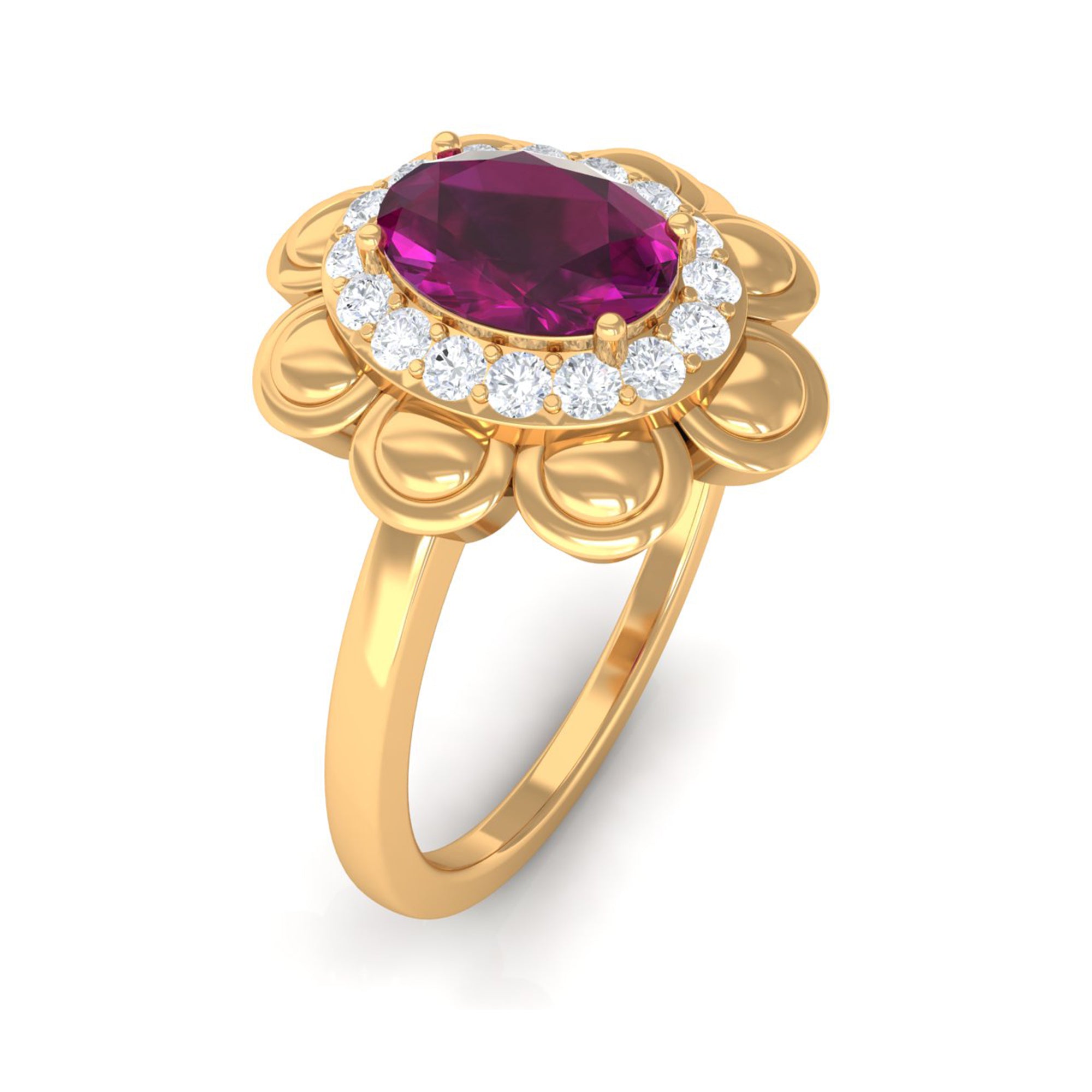 Oval Shape Rhodolite Flower Engagement Ring with Diamond Halo Rhodolite - ( AAA ) - Quality - Rosec Jewels