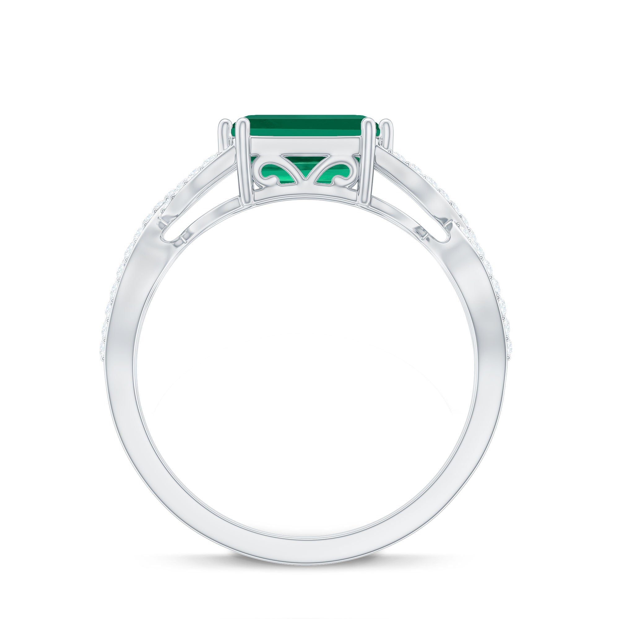 Octagon Created Emerald East-West Crossover Ring with Diamond Lab Created Emerald - ( AAAA ) - Quality - Rosec Jewels