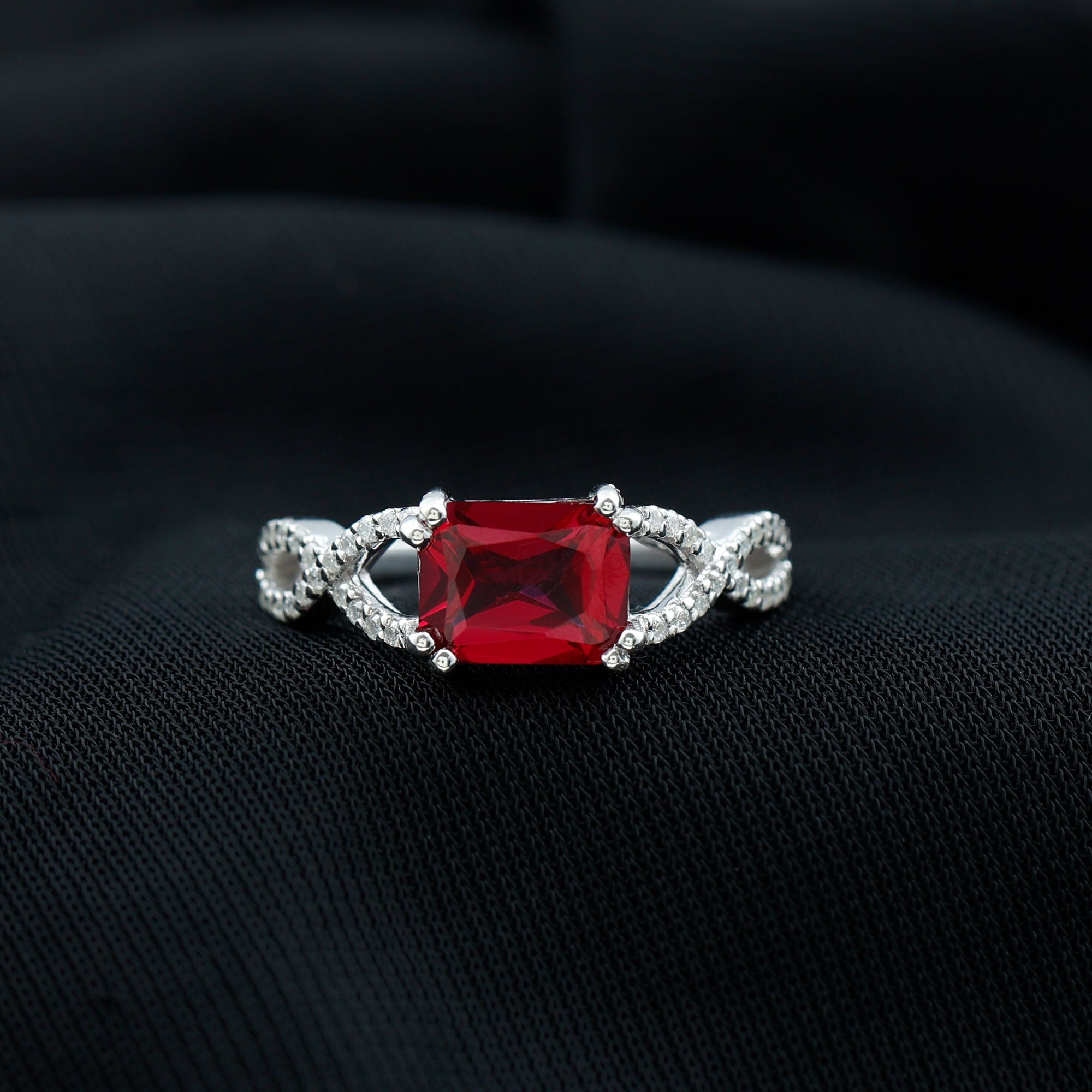 Emerald Cut Created Ruby East-West Crossover Ring with Diamond Lab Created Ruby - ( AAAA ) - Quality - Rosec Jewels