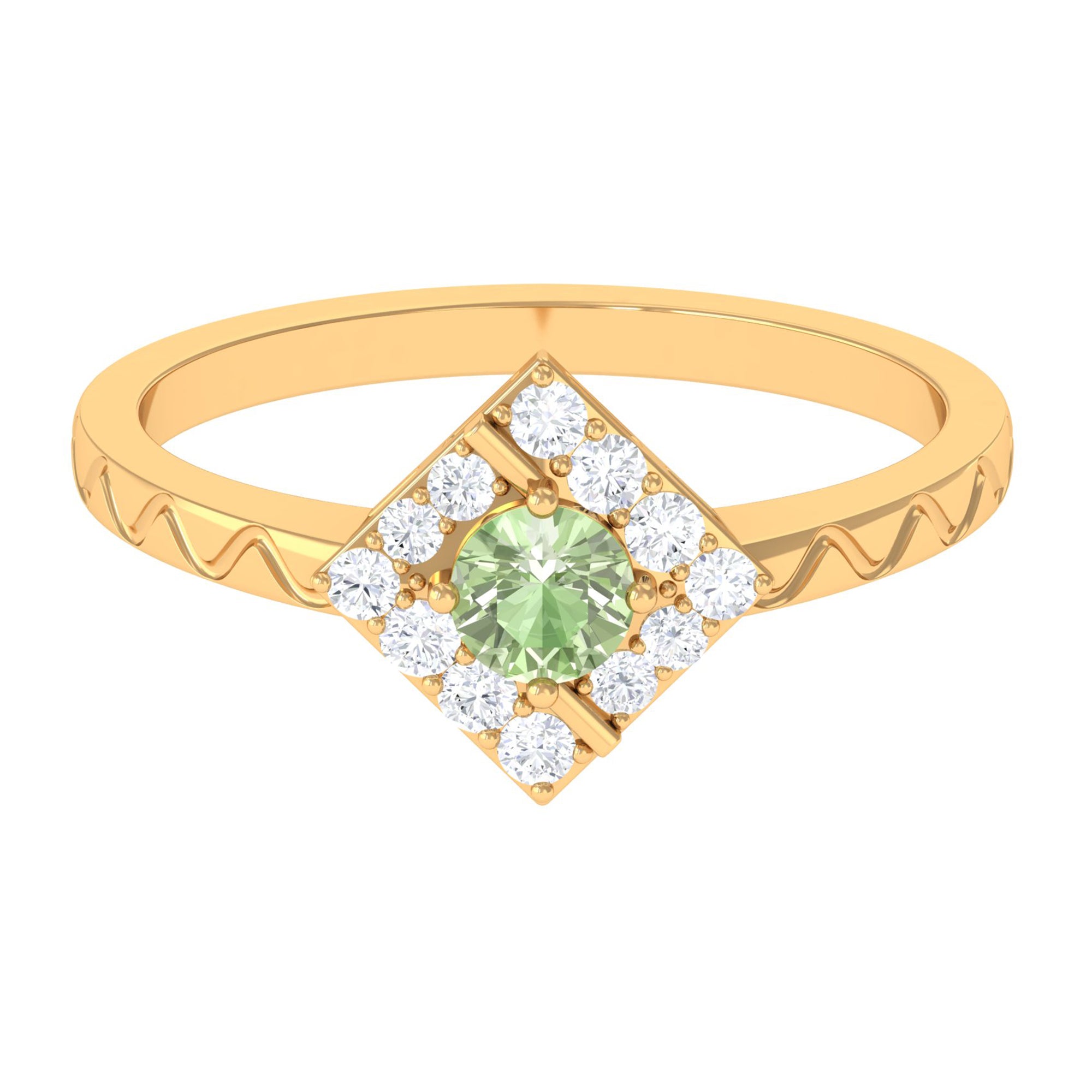 Real Green Sapphire and Diamond Ring with Textured Details Green Sapphire - ( AAA ) - Quality - Rosec Jewels