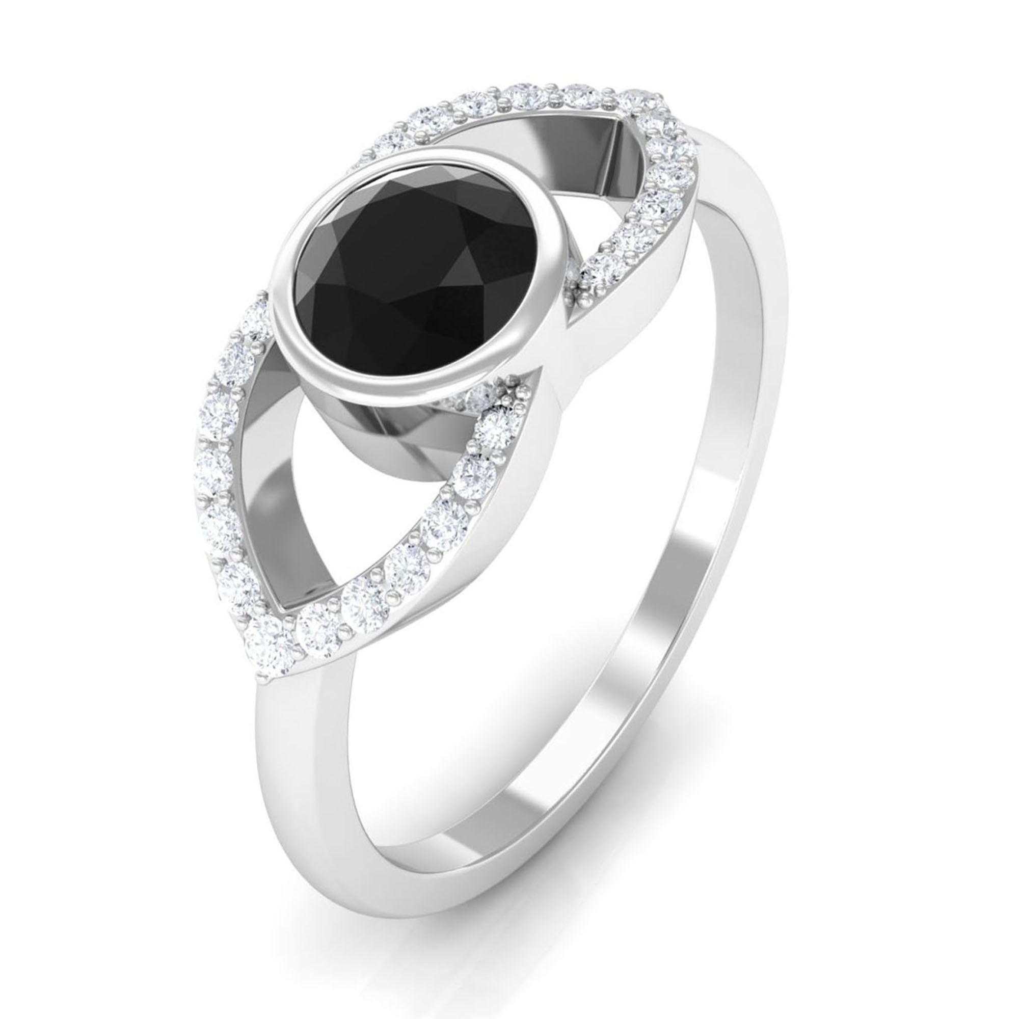 3/4 Ct Black Onyx and Diamond Split Shank Engagement Ring Black Onyx - ( AAA ) - Quality - Rosec Jewels