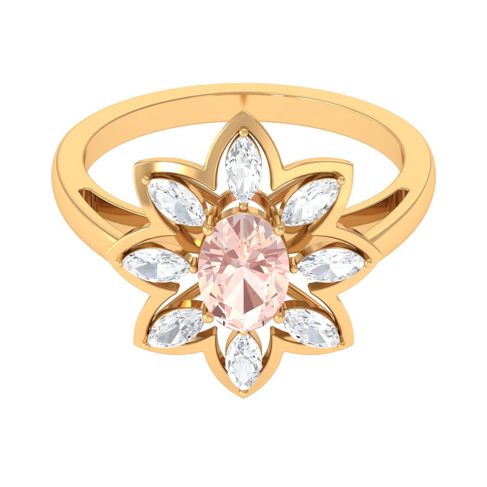 Oval Morganite Flower Cocktail Ring with Moissanite Morganite - ( AAA ) - Quality - Rosec Jewels