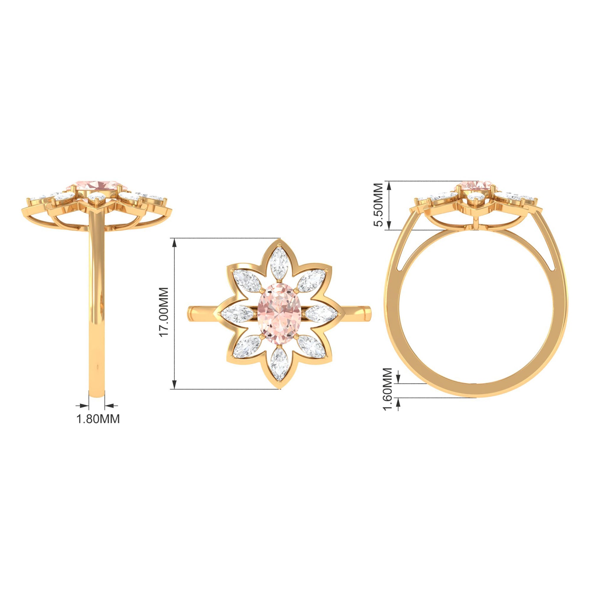 Oval Morganite Flower Cocktail Ring with Moissanite Morganite - ( AAA ) - Quality - Rosec Jewels