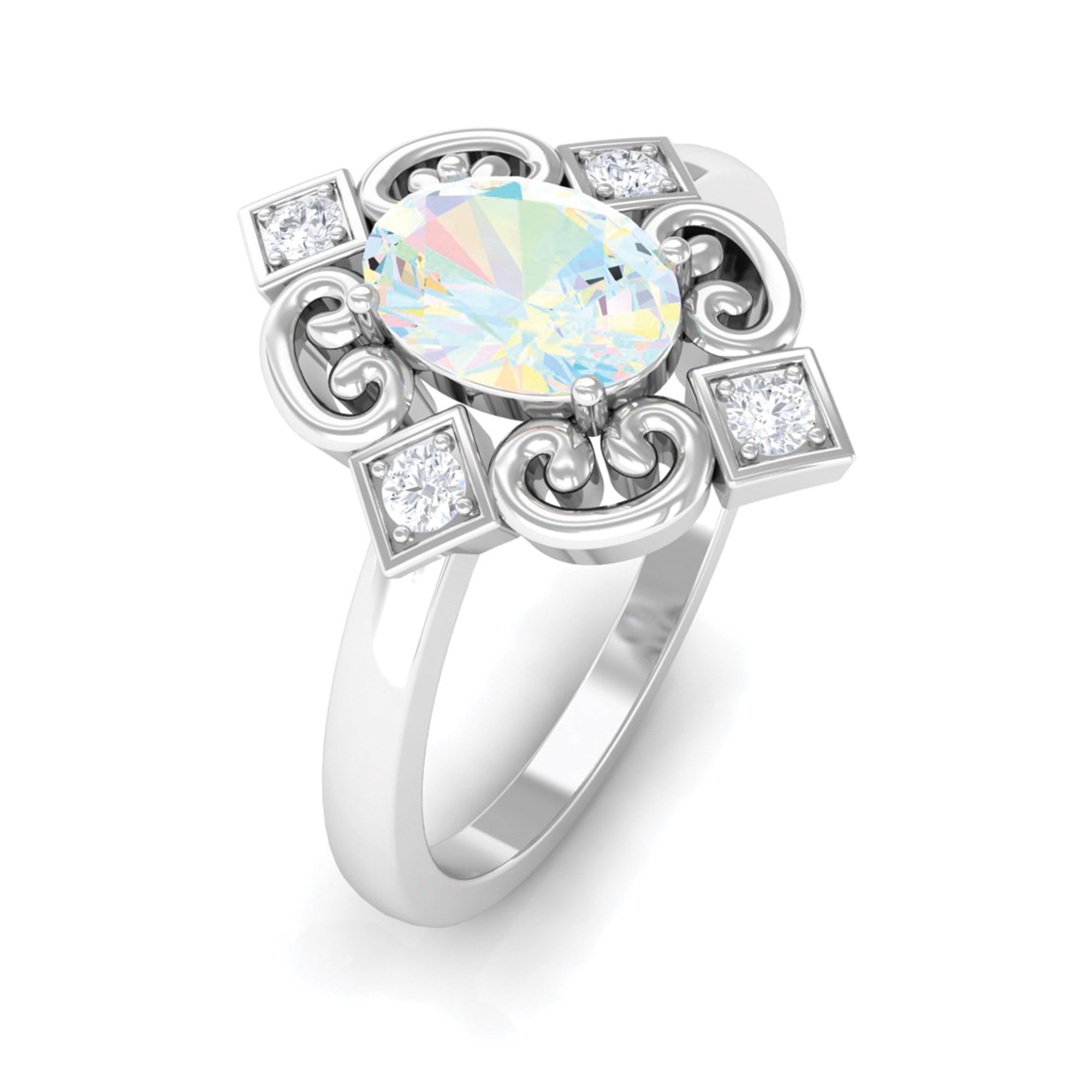 Solitaire Ethiopian Opal Art Deco Engagement Ring with Diamond Ethiopian Opal - ( AAA ) - Quality - Rosec Jewels