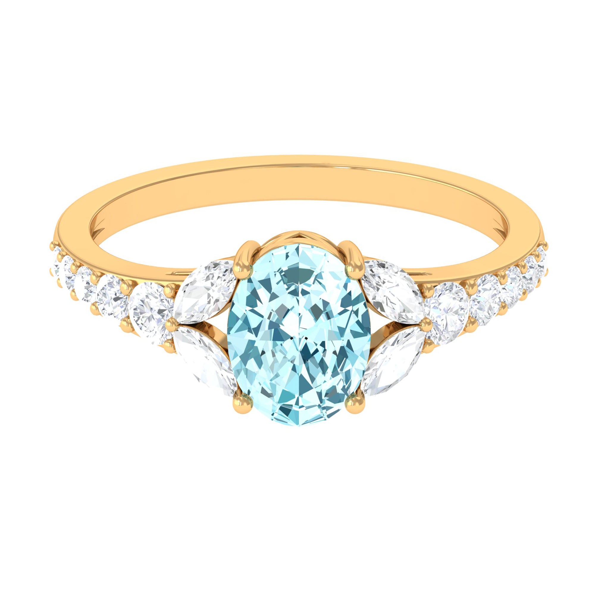 Split Shank Oval Aquamarine Solitaire Ring with Moissanite Aquamarine - ( AAA ) - Quality - Rosec Jewels