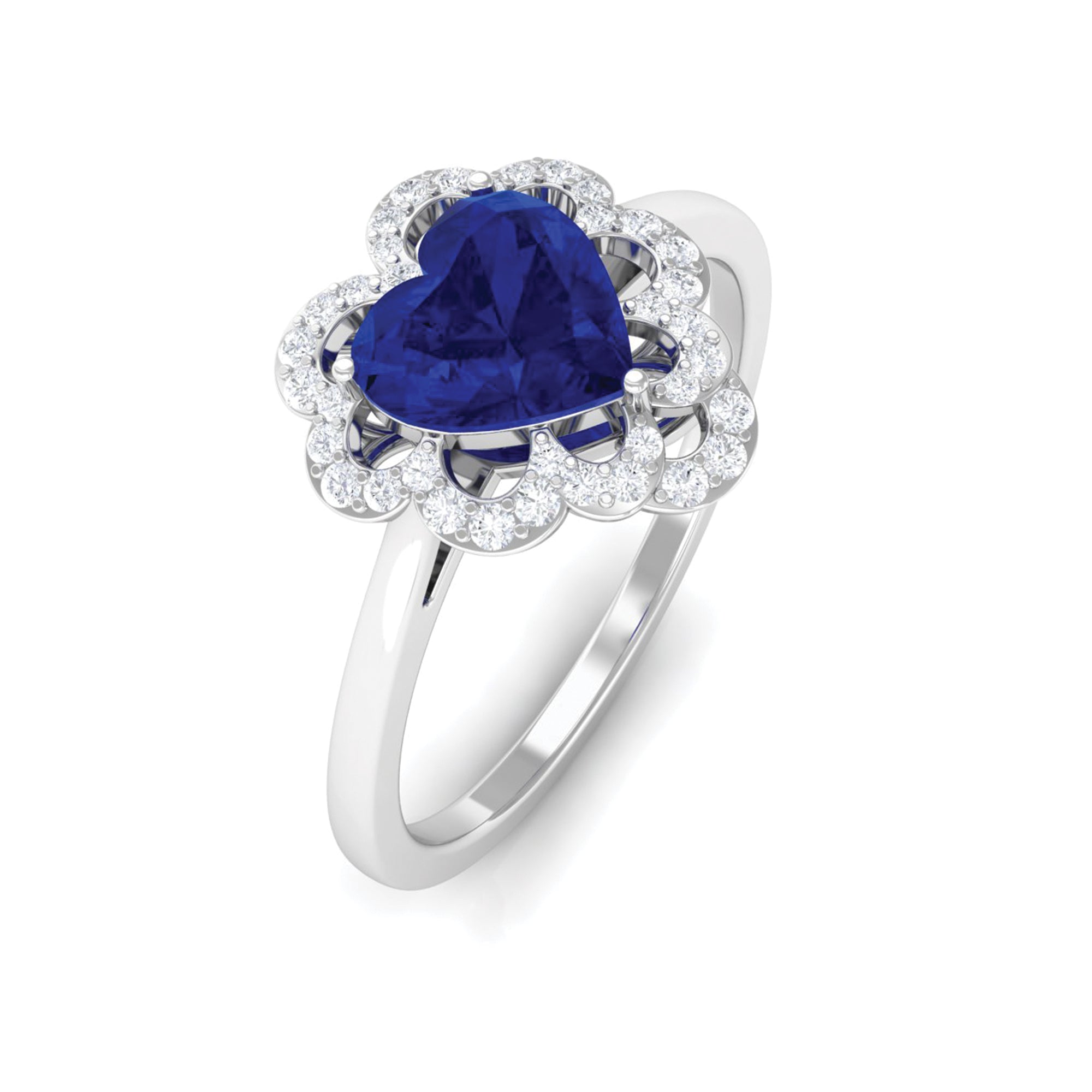 1 CT Heart Lab Created Blue Sapphire Designer Engagement Ring with Diamond Lab Created Blue Sapphire - ( AAAA ) - Quality - Rosec Jewels