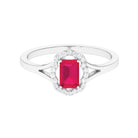 Emerald Cut Ruby and Diamond Floral Halo Ring with Split Shank Ruby - ( AAA ) - Quality - Rosec Jewels