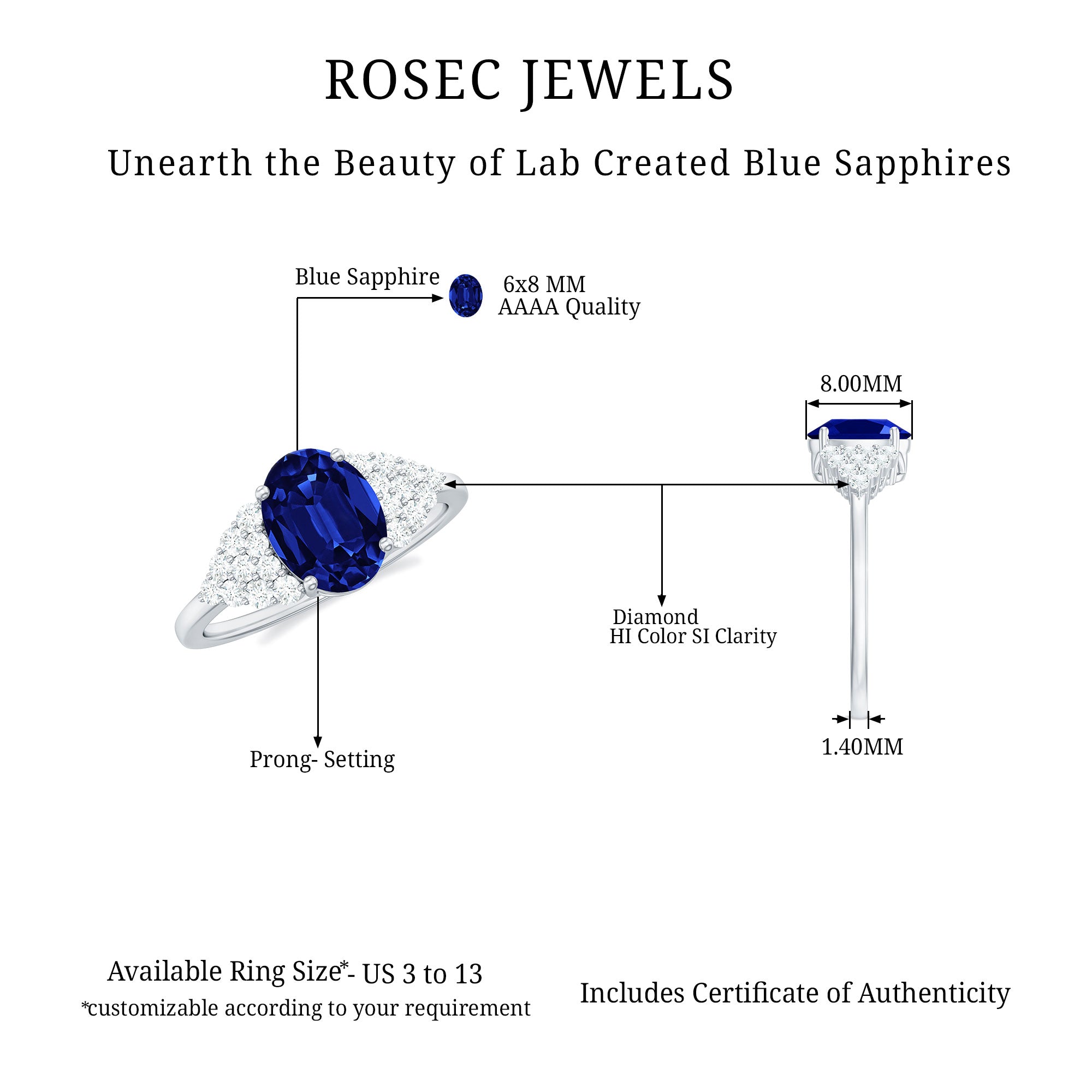 Oval Lab Grown Blue Sapphire Engagement Ring with Diamond Cluster Lab Created Blue Sapphire - ( AAAA ) - Quality - Rosec Jewels