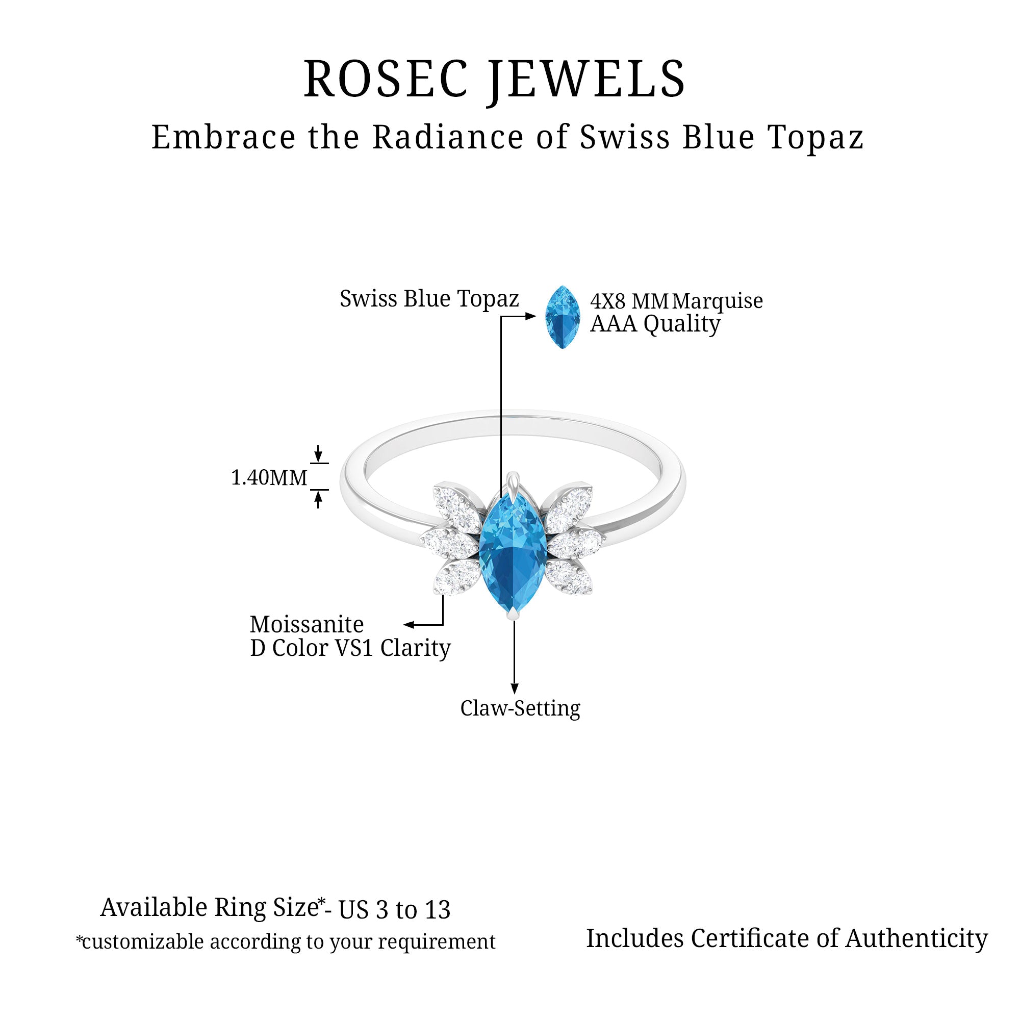 1 CT Marquise Cut Swiss Blue Topaz Promise Ring with Moissanite Swiss Blue Topaz - ( AAA ) - Quality 92.5 Sterling Silver 9 - Rosec Jewels