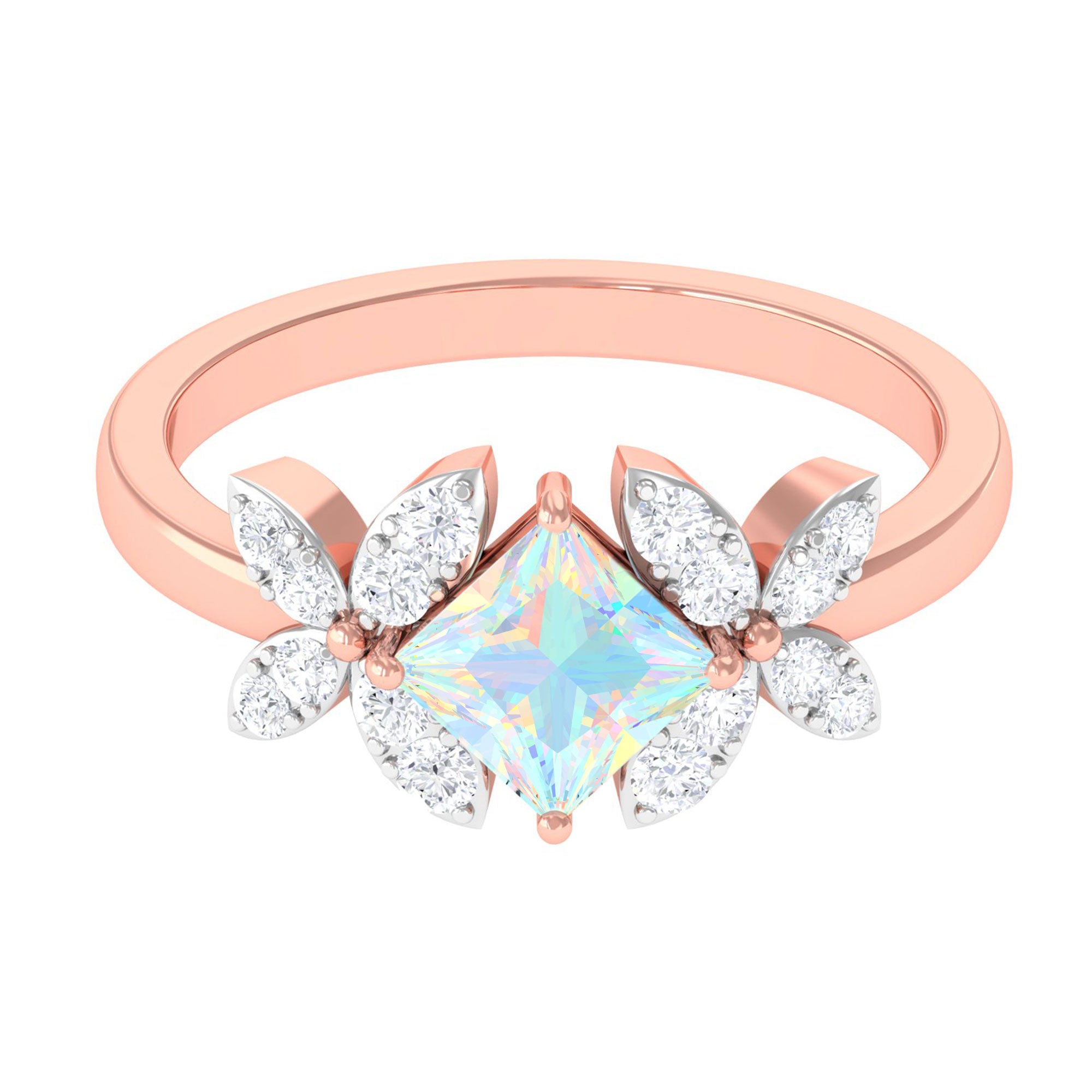 Princess Cut Ethiopian Opal Flower Engagement Ring with Diamond Ethiopian Opal - ( AAA ) - Quality - Rosec Jewels