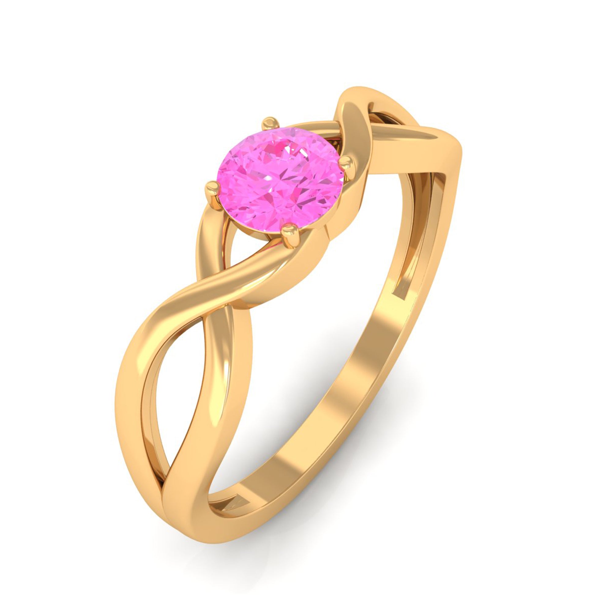 Round Pink Sapphire Solitaire Promise Ring in Crossover Shank Pink Sapphire - ( AAA ) - Quality - Rosec Jewels