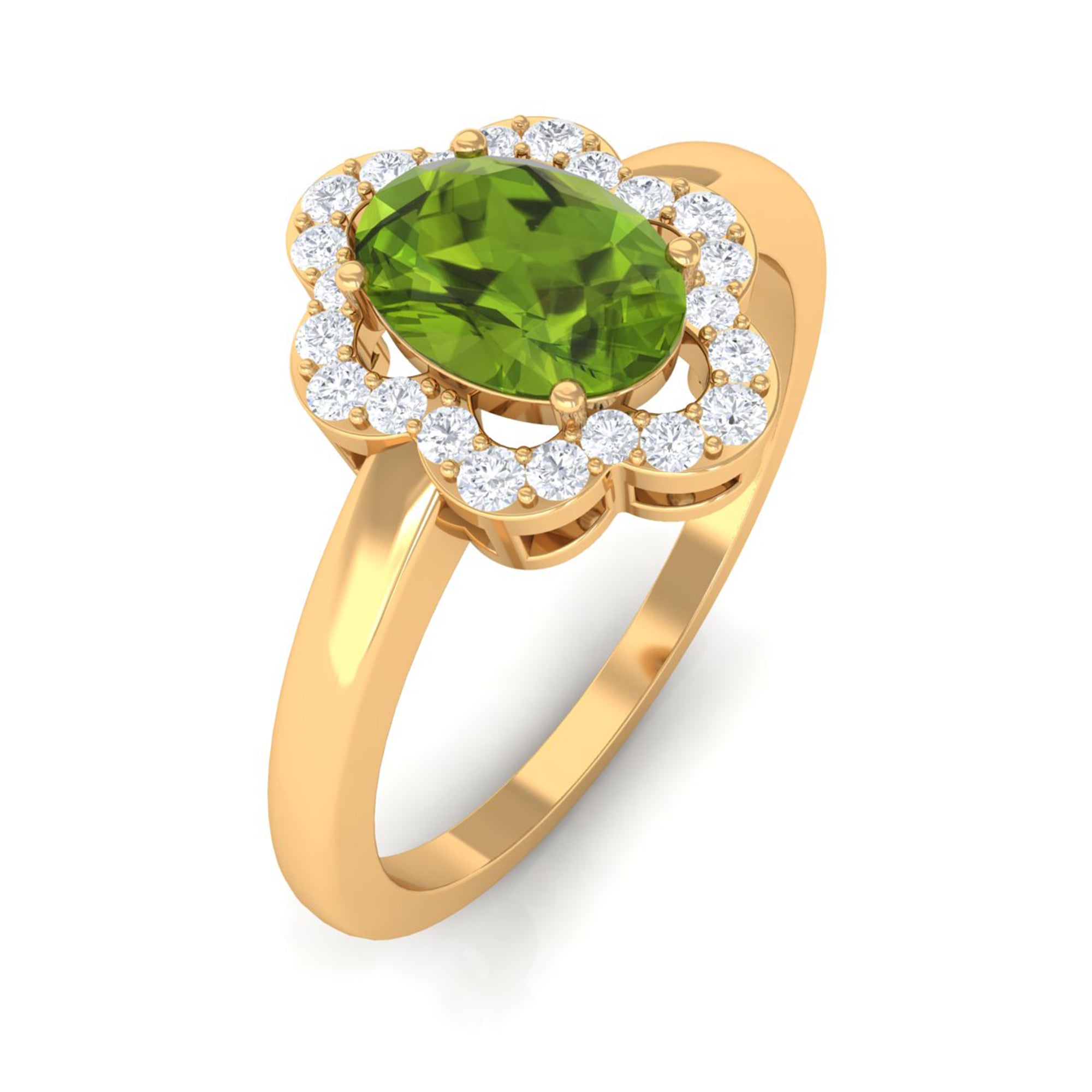 Oval Peridot Cocktail Flower Ring with Diamond Peridot - ( AAA ) - Quality - Rosec Jewels