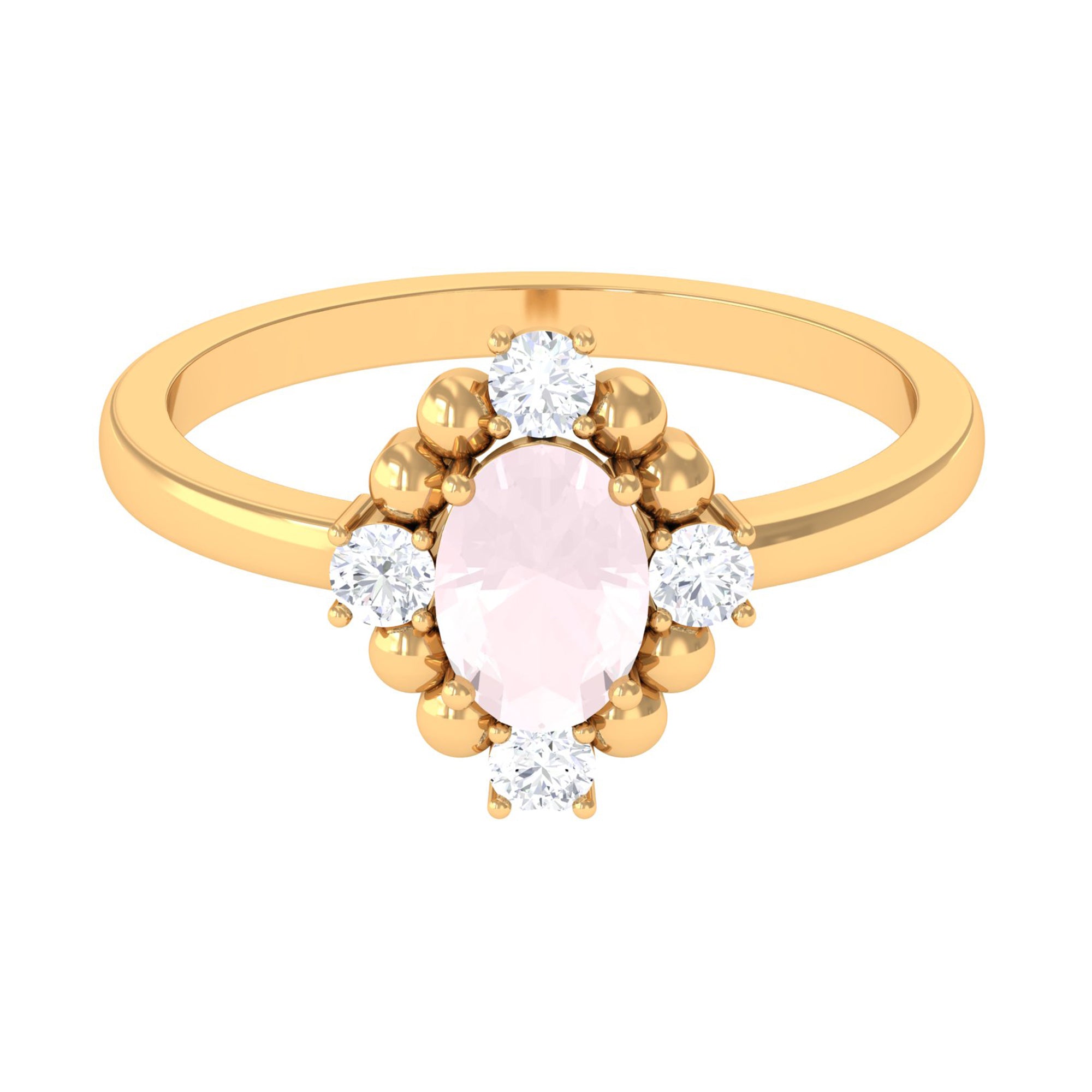 Oval Rose Quartz Cocktail Ring with Diamond Rose Quartz - ( AAA ) - Quality - Rosec Jewels