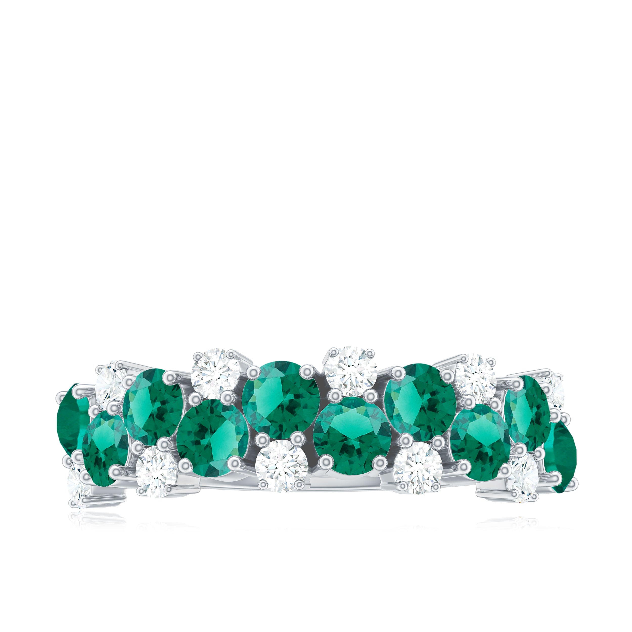 Round Created Emerald and Moissanite Cluster Half Eternity Ring Lab Created Emerald - ( AAAA ) - Quality - Rosec Jewels