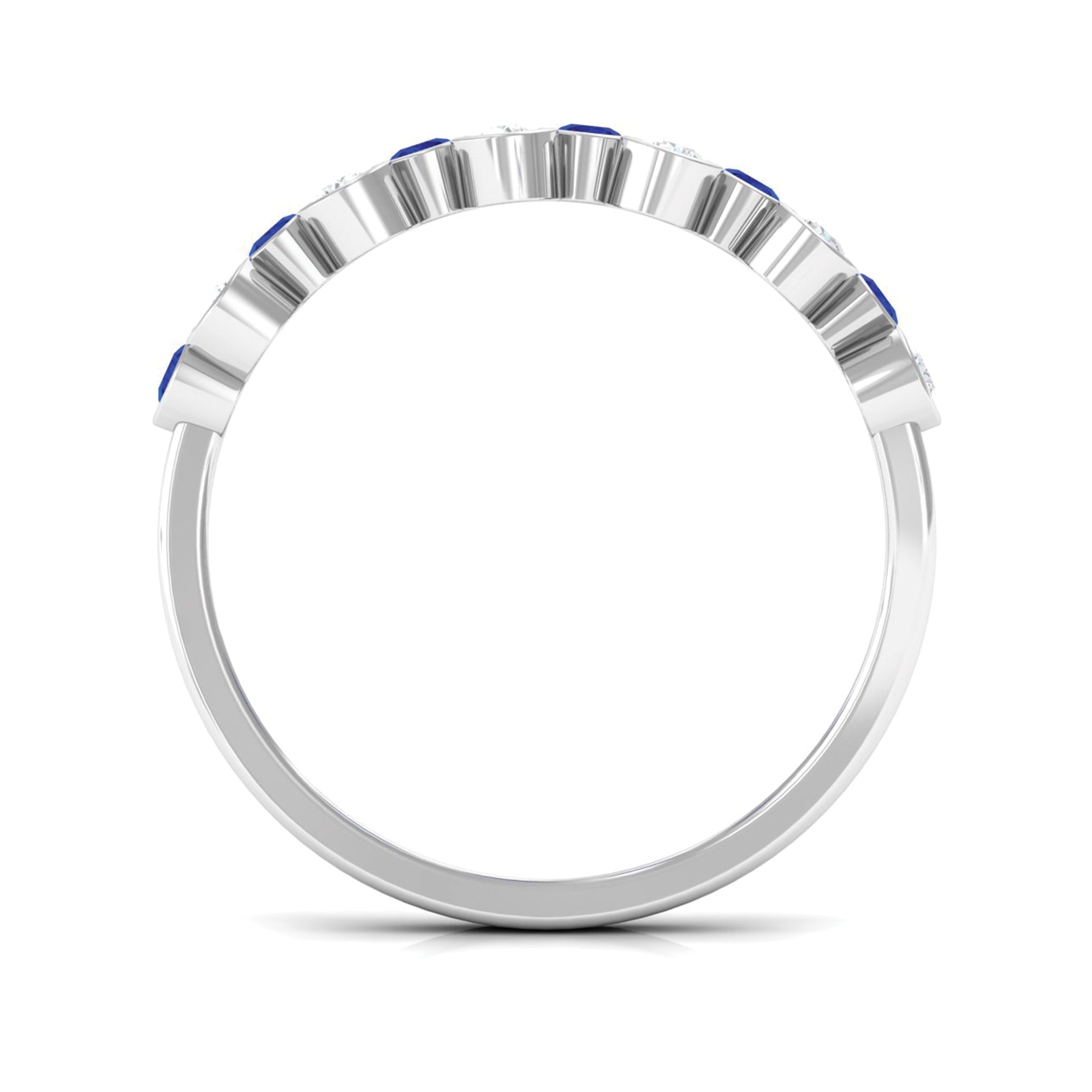 Simple Bezel Set Round Created Blue Sapphire and Moissanite Half Eternity Ring Lab Created Blue Sapphire - ( AAAA ) - Quality - Rosec Jewels