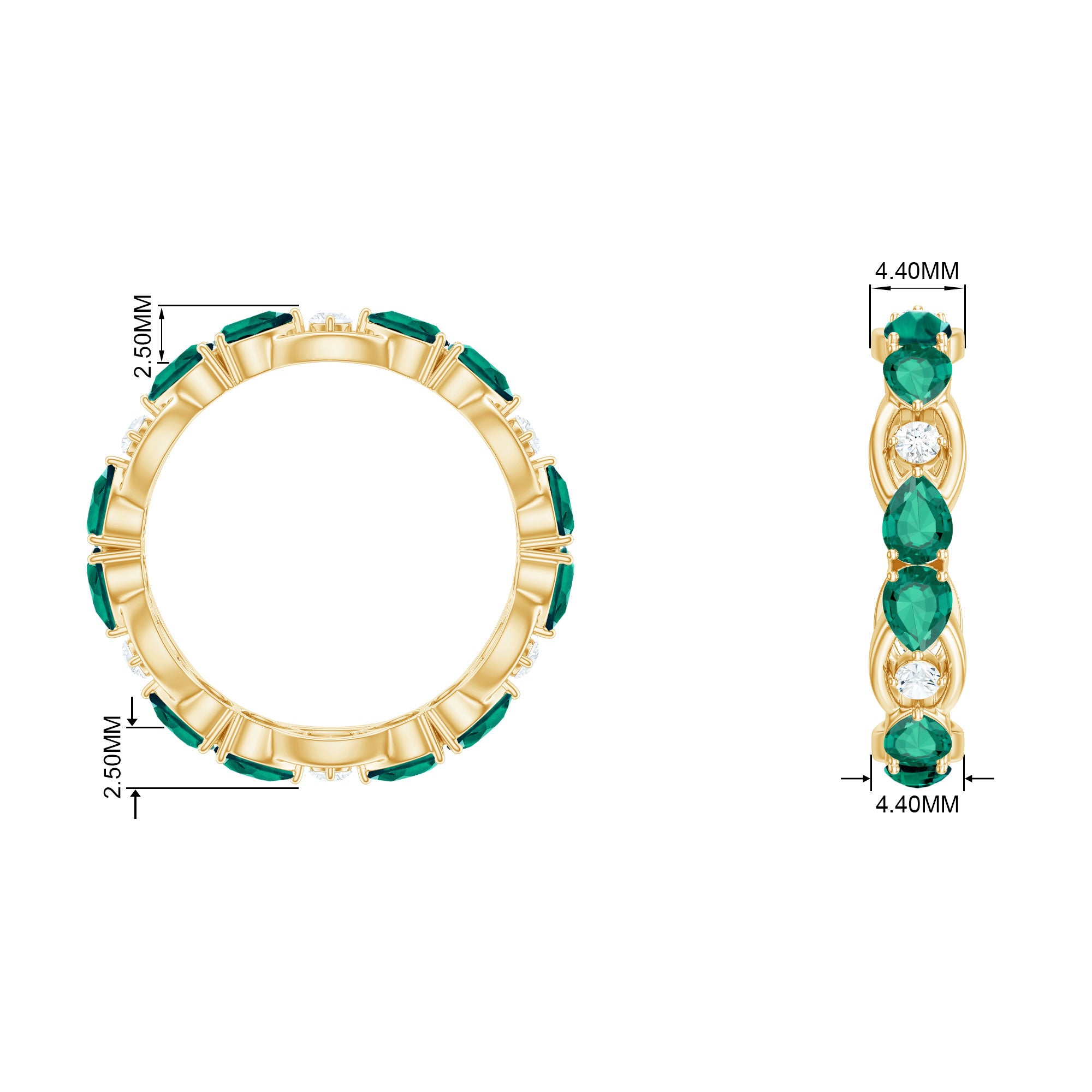 Pear Cut Created Emerald East West Gold Eternity Ring with Moissanite Lab Created Emerald - ( AAAA ) - Quality - Rosec Jewels