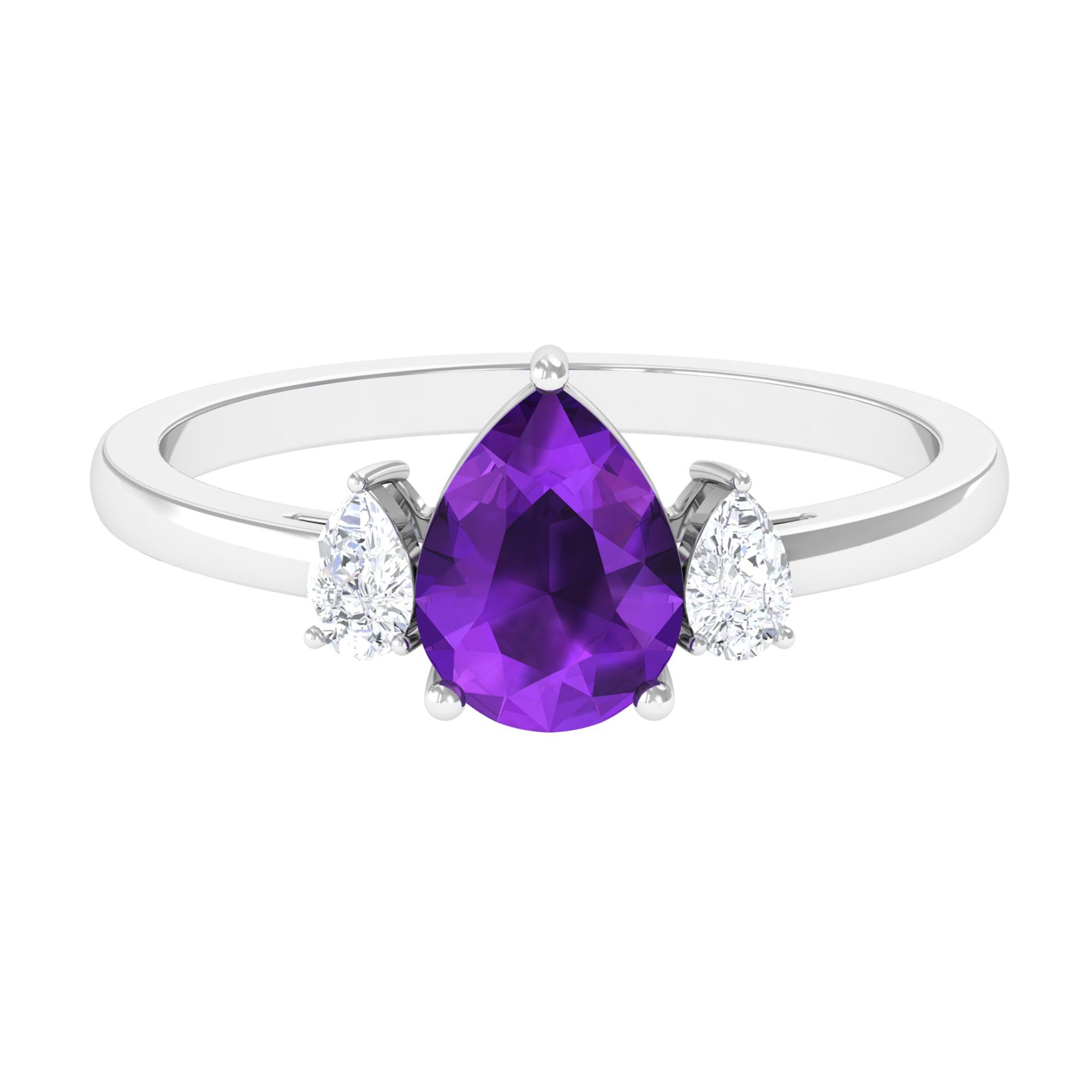 Pear Shape Amethyst Solitaire Ring with Diamond Side Stones Amethyst - ( AAA ) - Quality - Rosec Jewels