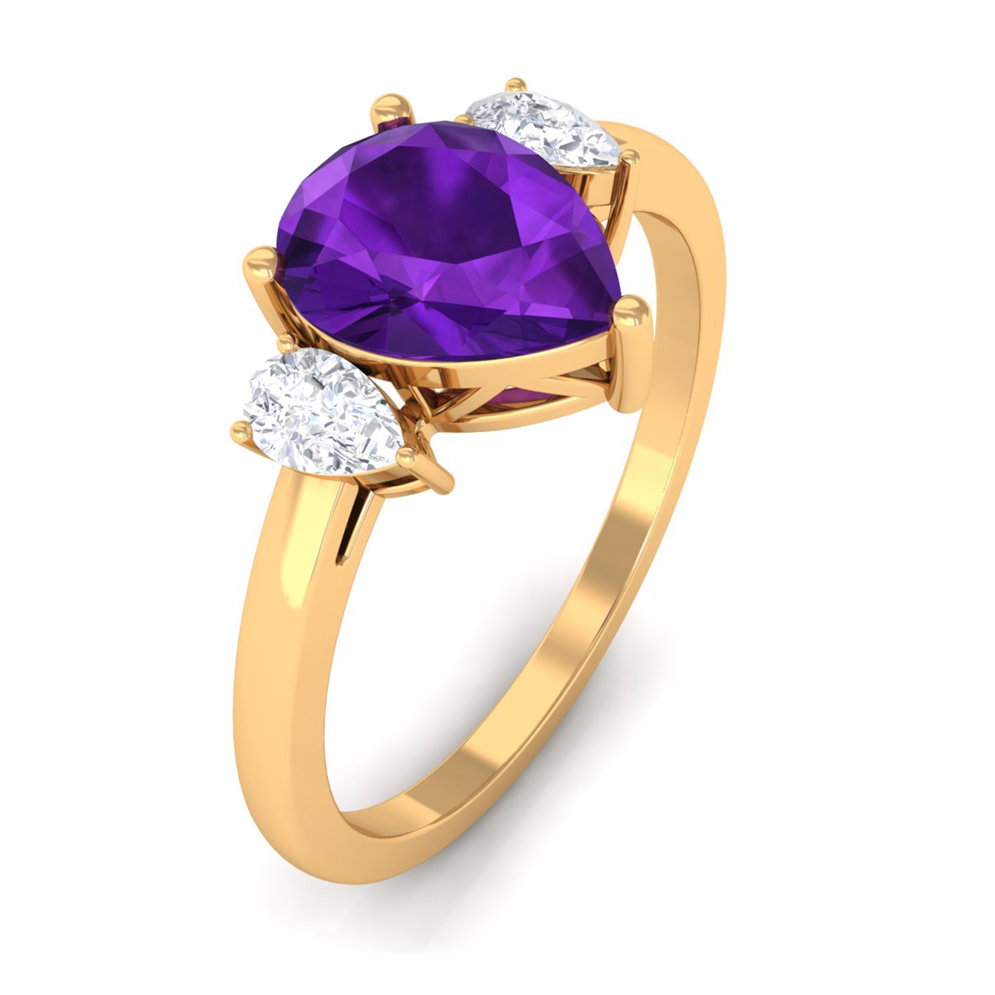 Pear Shape Amethyst Solitaire Ring with Diamond Side Stones Amethyst - ( AAA ) - Quality - Rosec Jewels