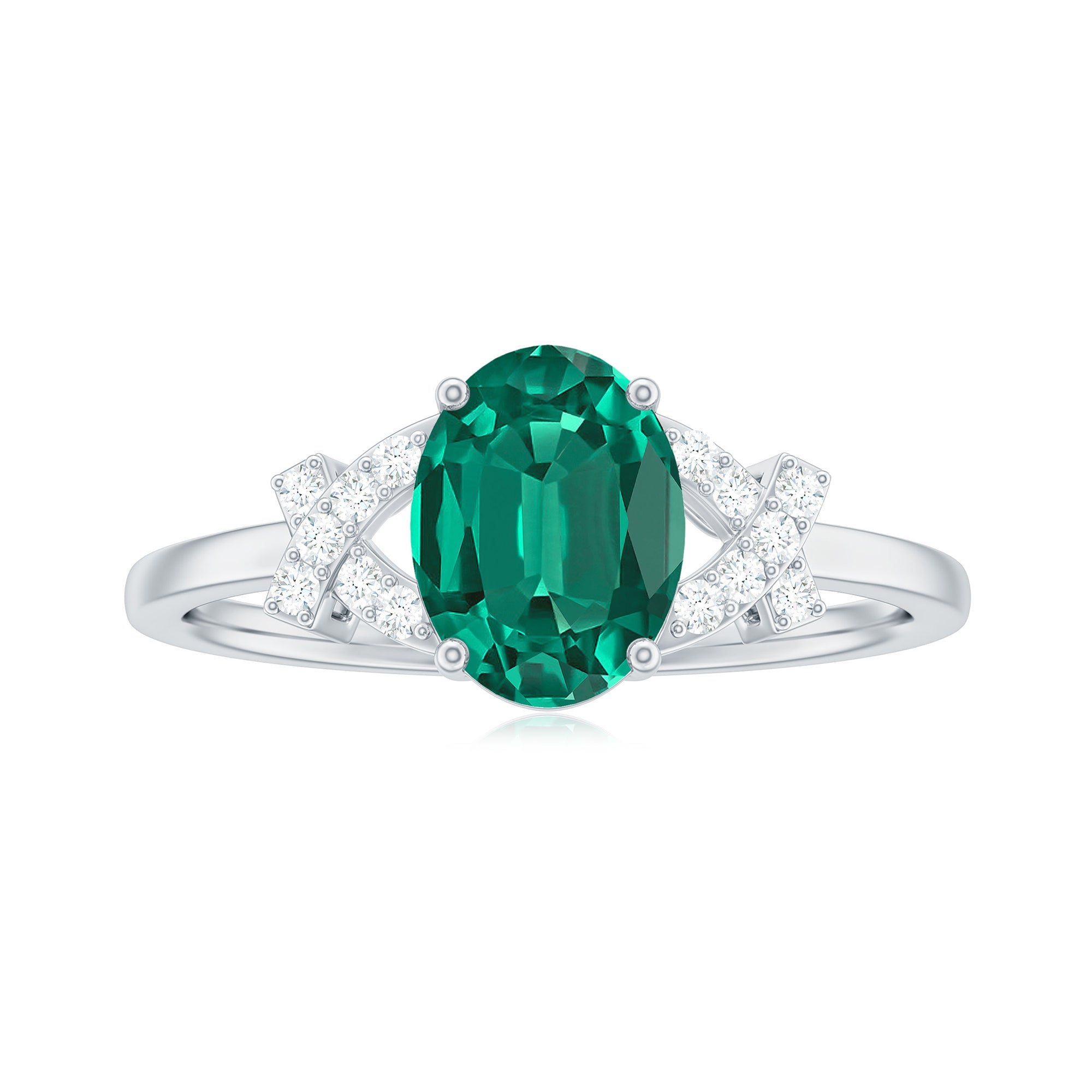 1.5 CT Oval Created Emerald Solitaire Split Shank Ring with Diamond Lab Created Emerald - ( AAAA ) - Quality - Rosec Jewels