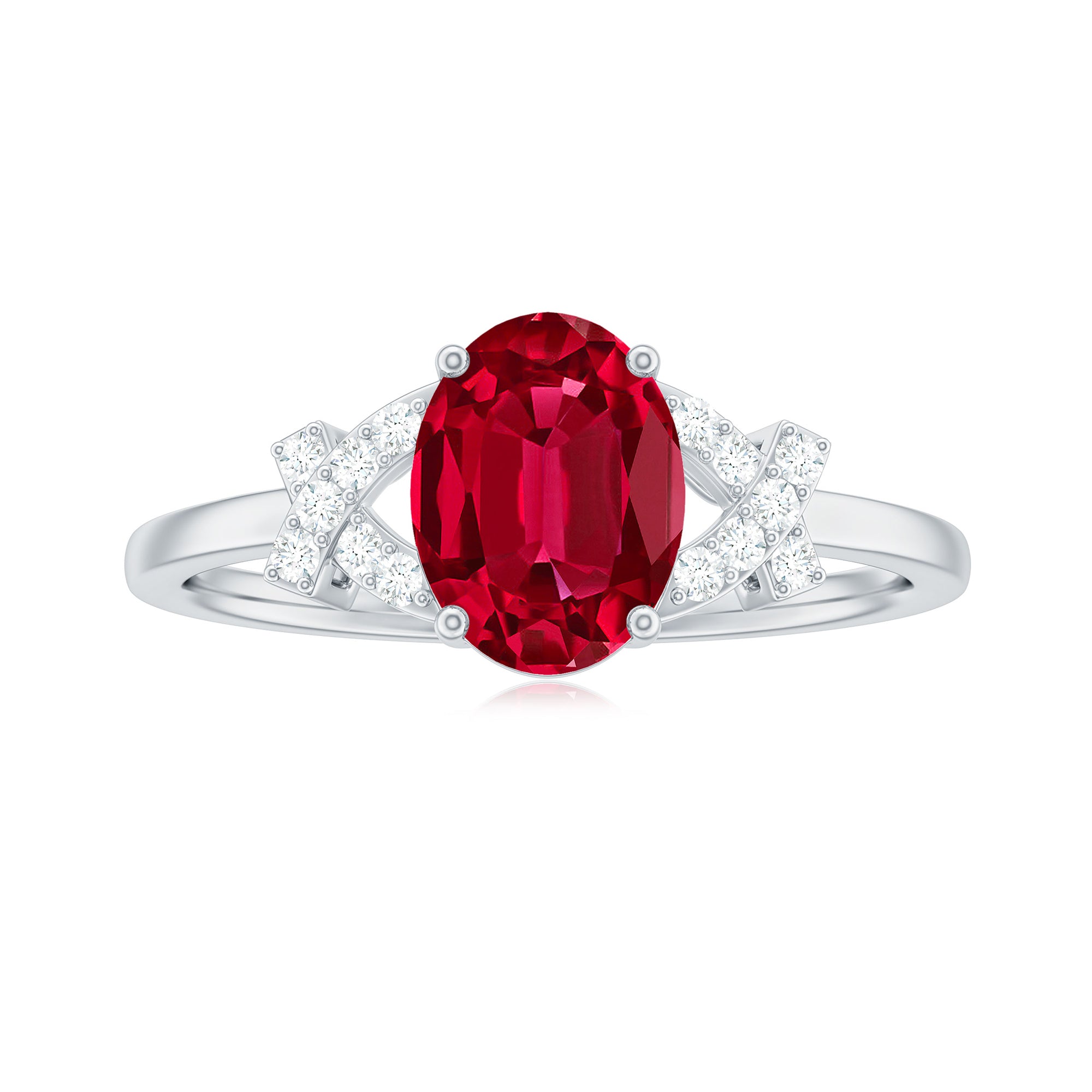 Oval Shape Lab Grown Ruby Solitaire Split Shank Ring with Diamond Lab Created Ruby - ( AAAA ) - Quality - Rosec Jewels