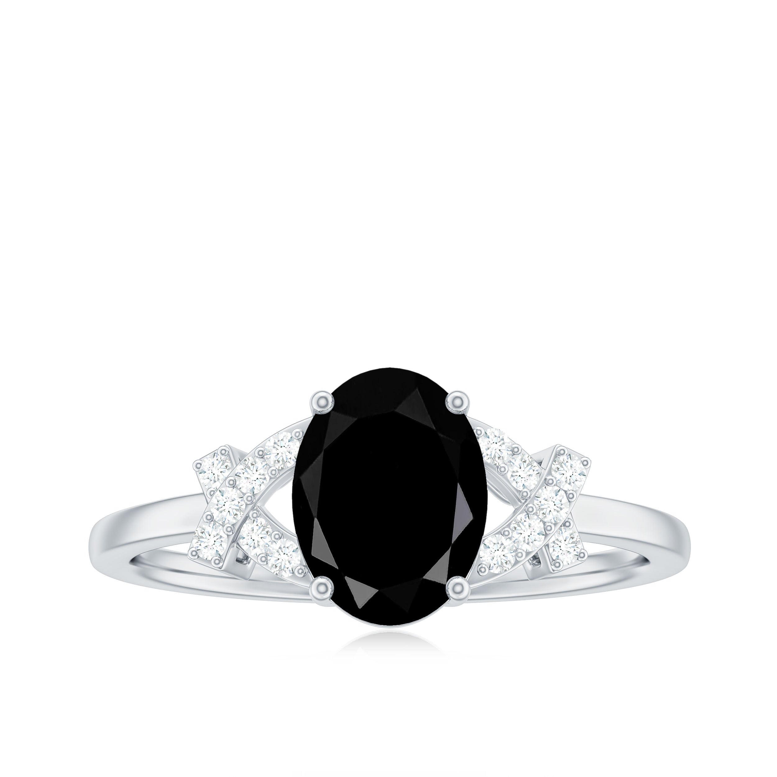 Oval Black Onyx Solitaire Split Shank Ring with Diamonds Black Onyx - ( AAA ) - Quality - Rosec Jewels