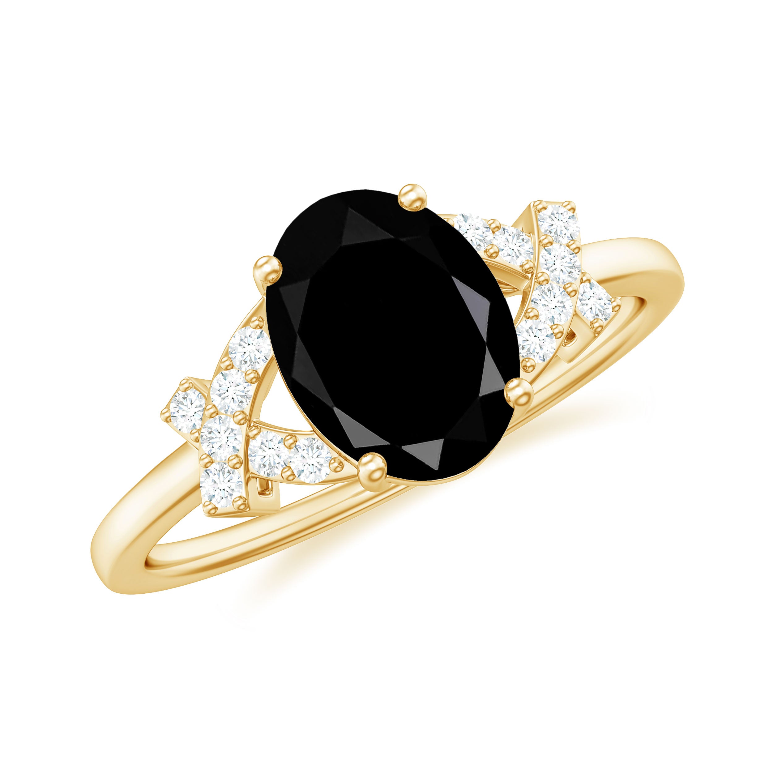 Oval Black Onyx Solitaire Split Shank Ring with Diamonds Black Onyx - ( AAA ) - Quality - Rosec Jewels