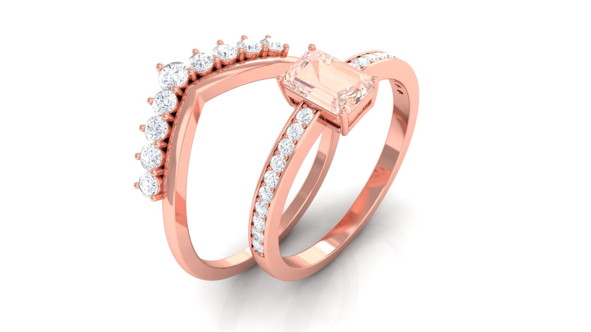 Real Morganite and Diamond Stackable Ring Set Morganite - ( AAA ) - Quality - Rosec Jewels