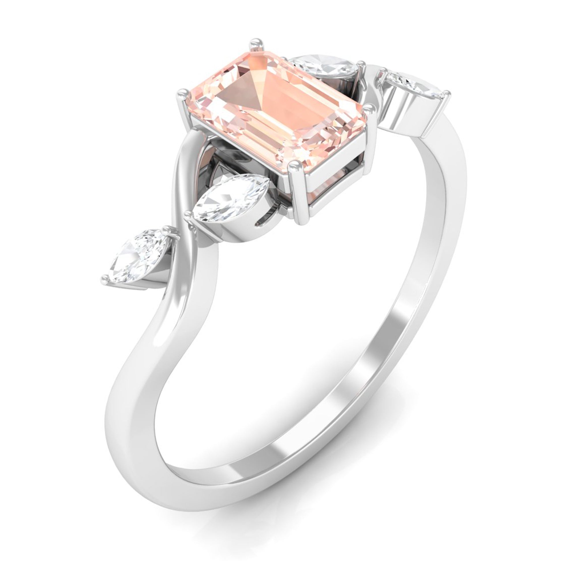 Emerald Cut Morganite and Diamond Solitaire Engagement Ring in Split Shank Morganite - ( AAA ) - Quality - Rosec Jewels